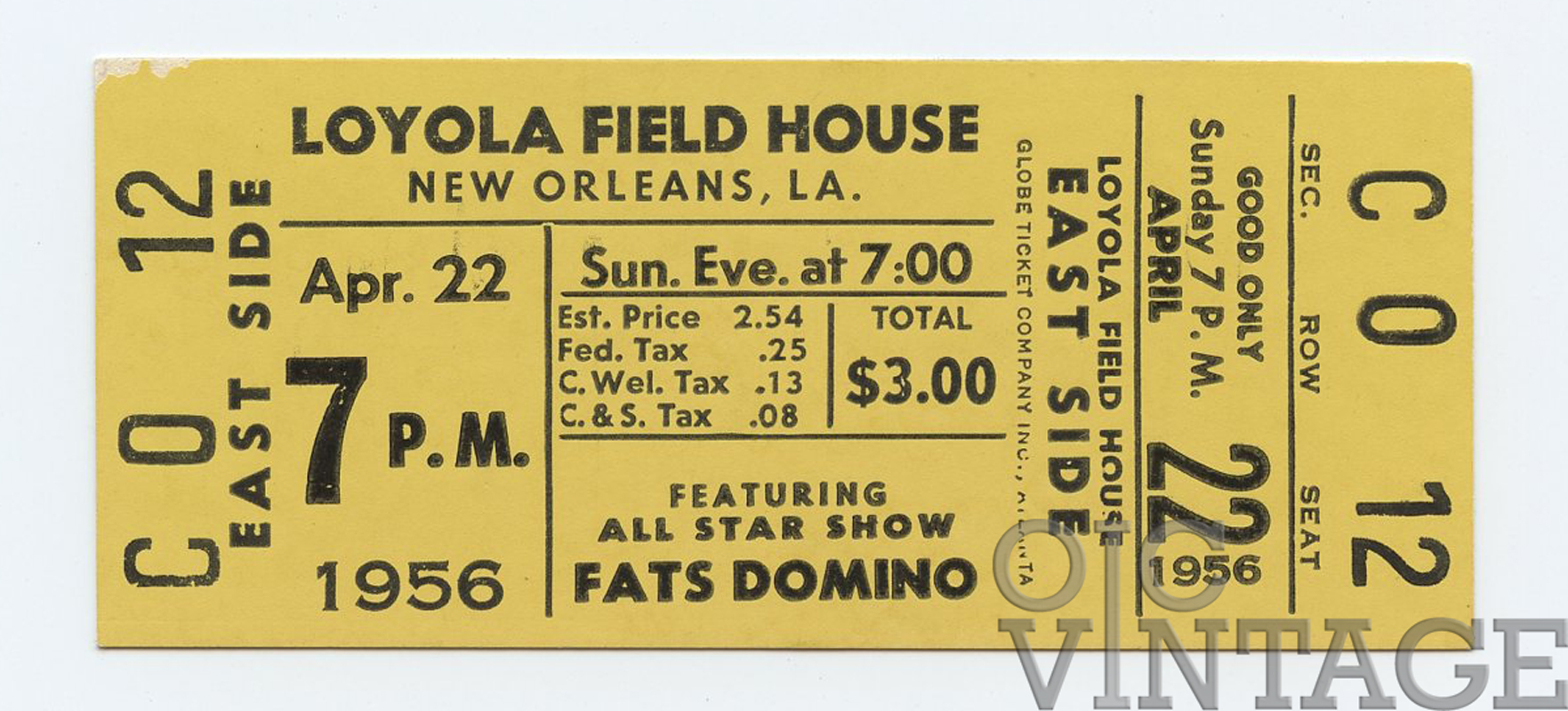 Fats Domino Vintage Ticket 1956 Apr 22 New Orleans 