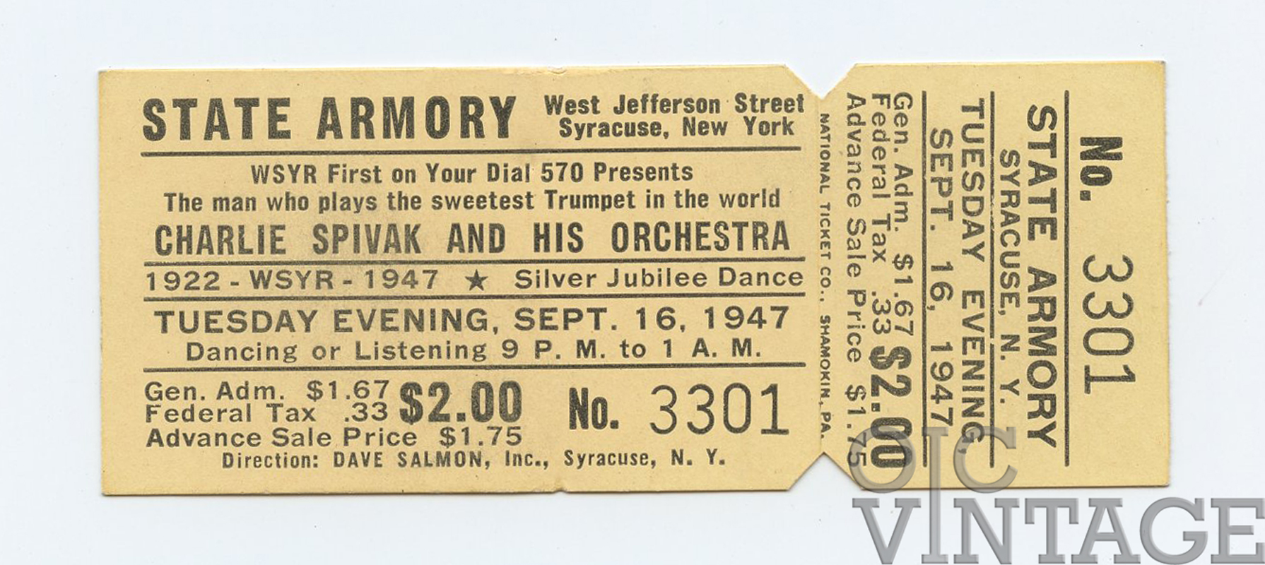 Charlie Spivak Vintage Ticket 1947 Sep 16 New York 