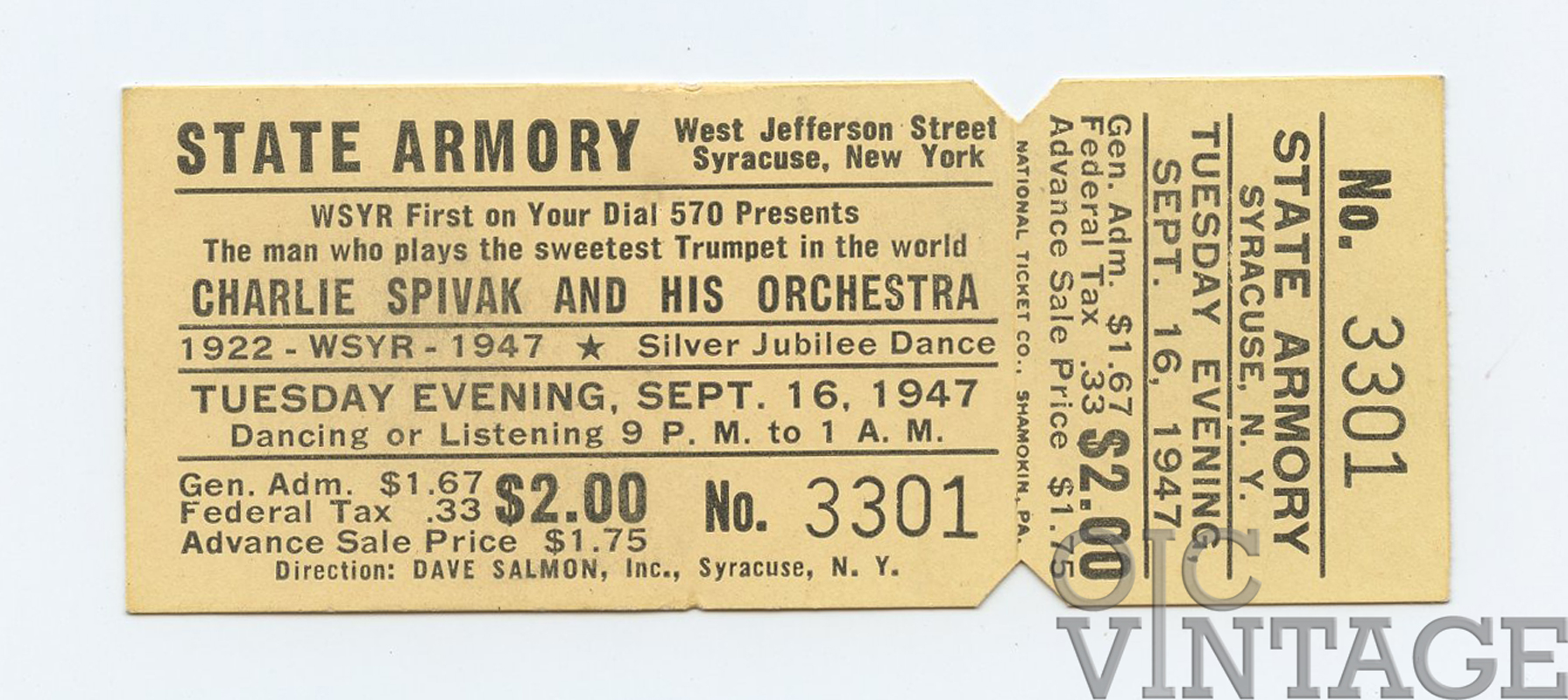 Charlie Spivak Ticket Vintage 1947 Sep 16 New York 