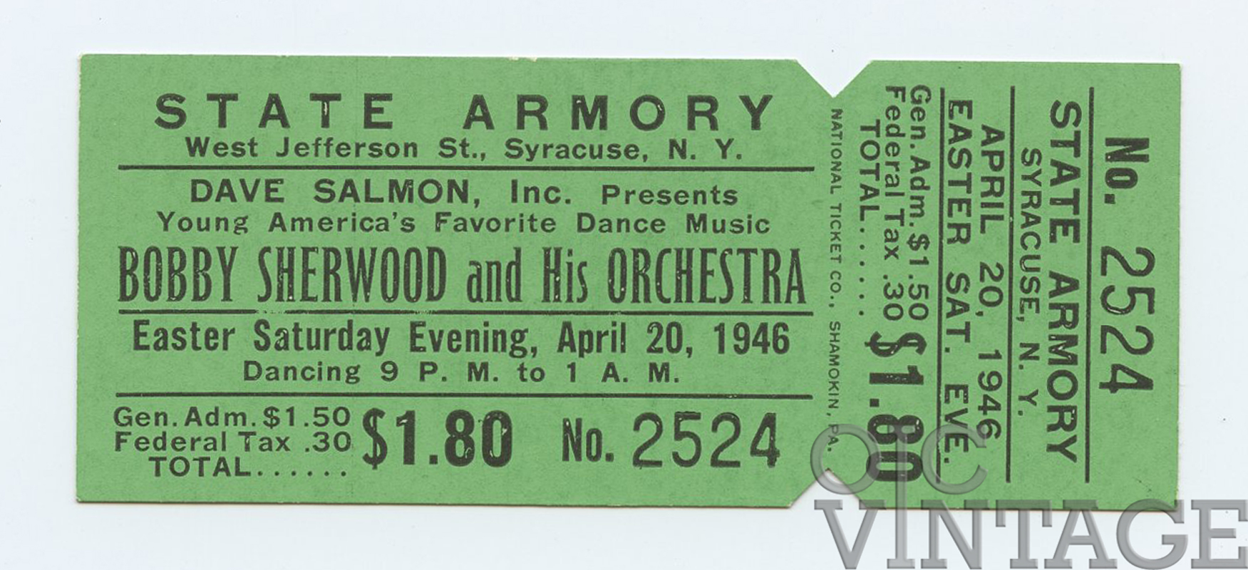 Bobby Sherwood Vintage Ticket 1946 Apr 20 New York  