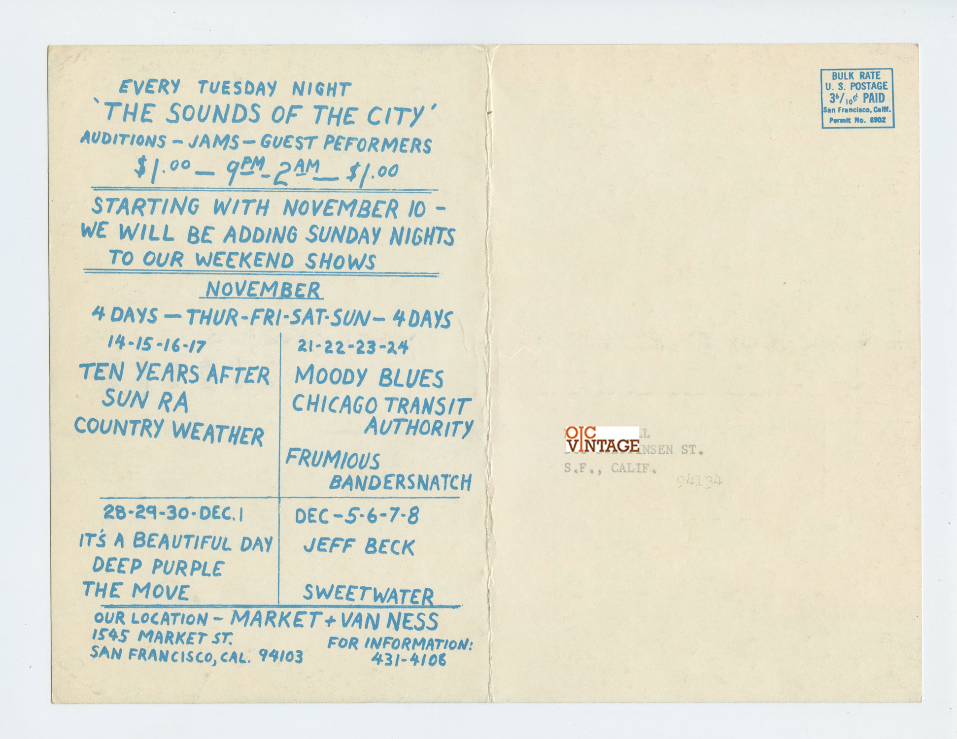 BG 144 145 Postcard Mailed Grateful Dead 1968 Nov