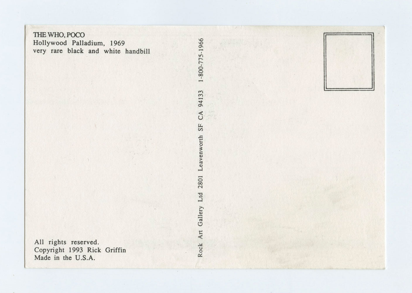 Rick Griffin Postcard AOR3.65 R1993 B/W the Who Poco 1969 Hollywood Palladium