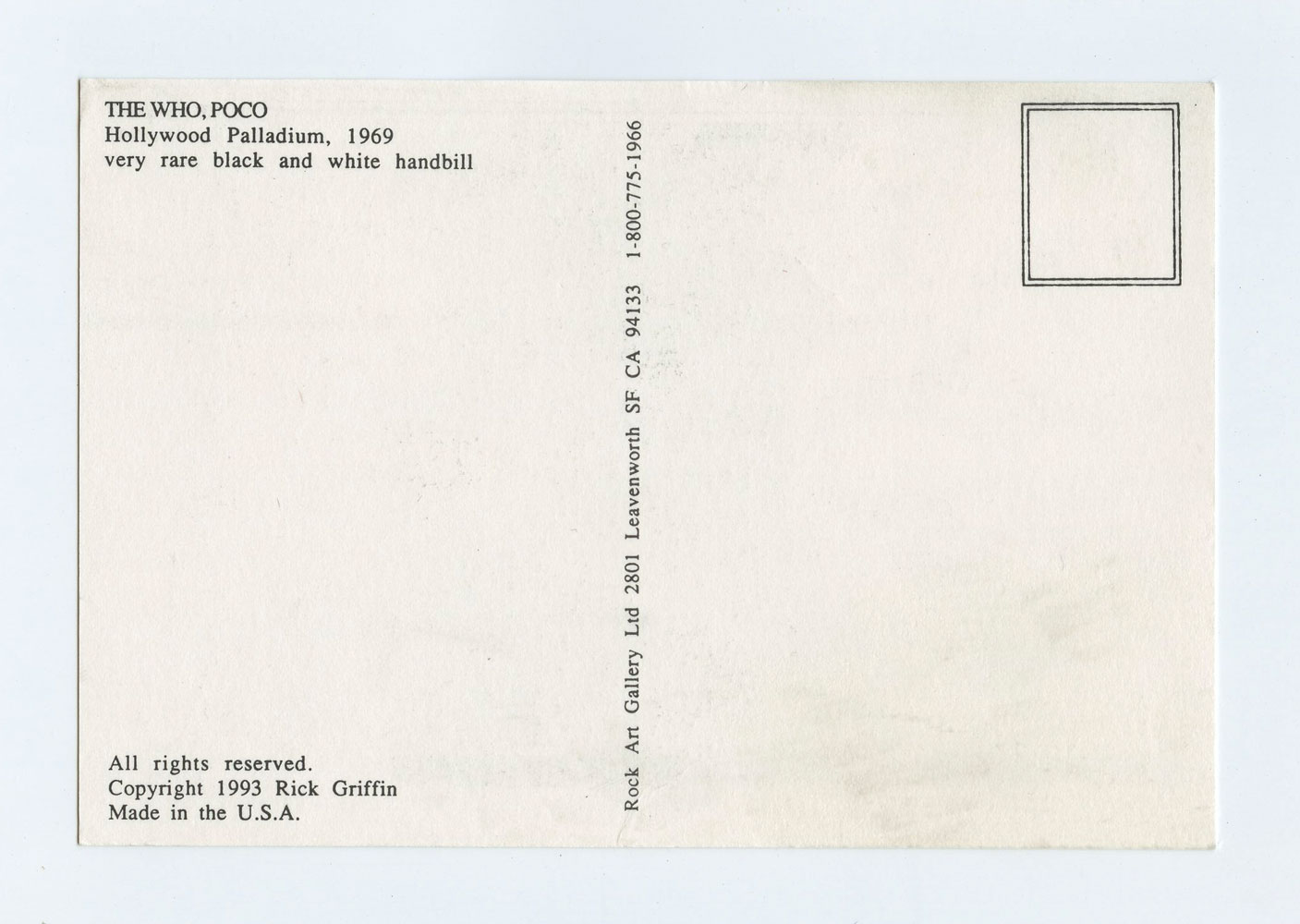 Rick Griffin Postcard AOR3.65 R1993 B/W the Who Poco 1969 Hollywood Palladium