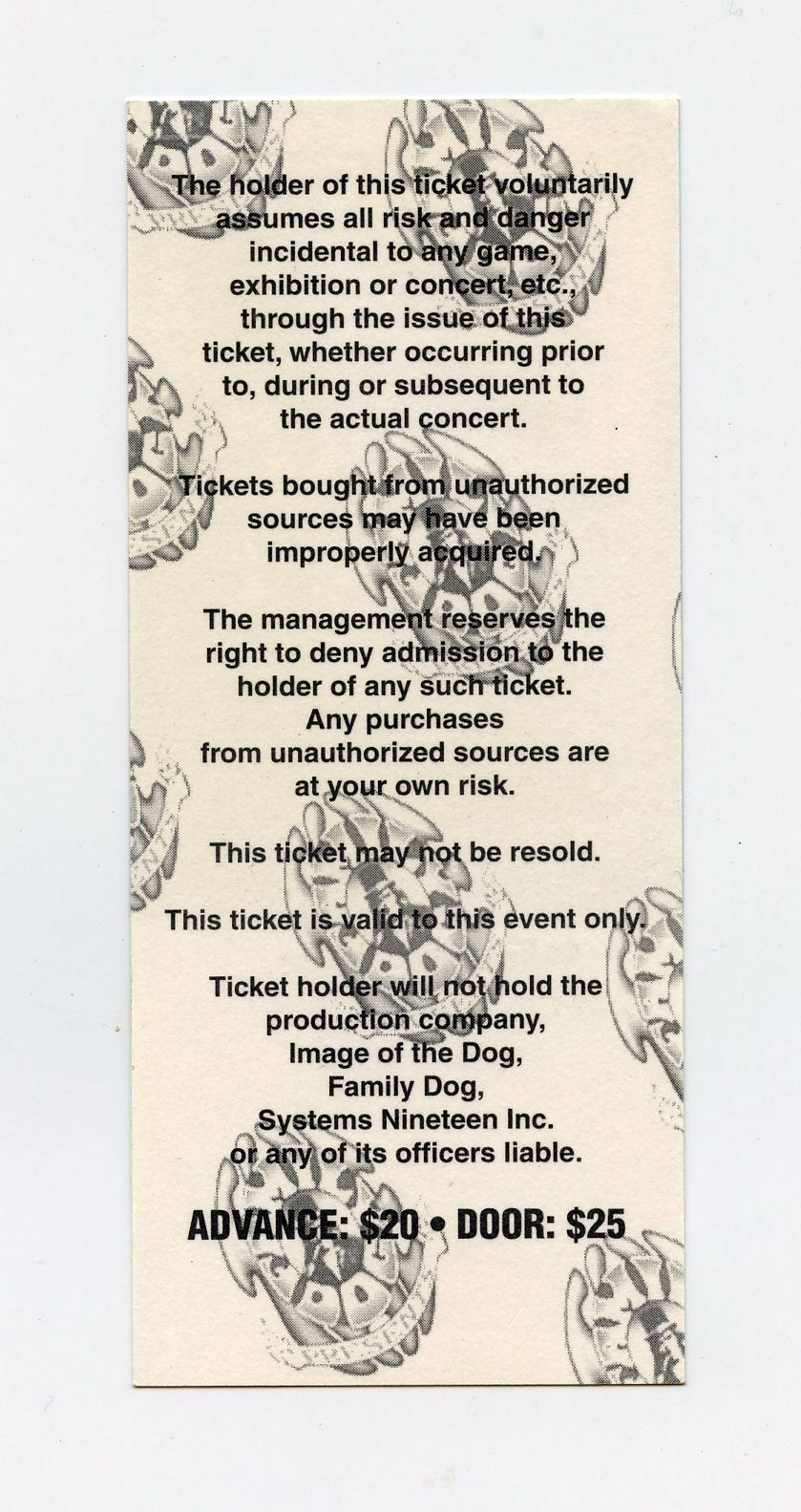 Maritime Hall 1996 Apr Ticket WAR Steve Kimock & Friends