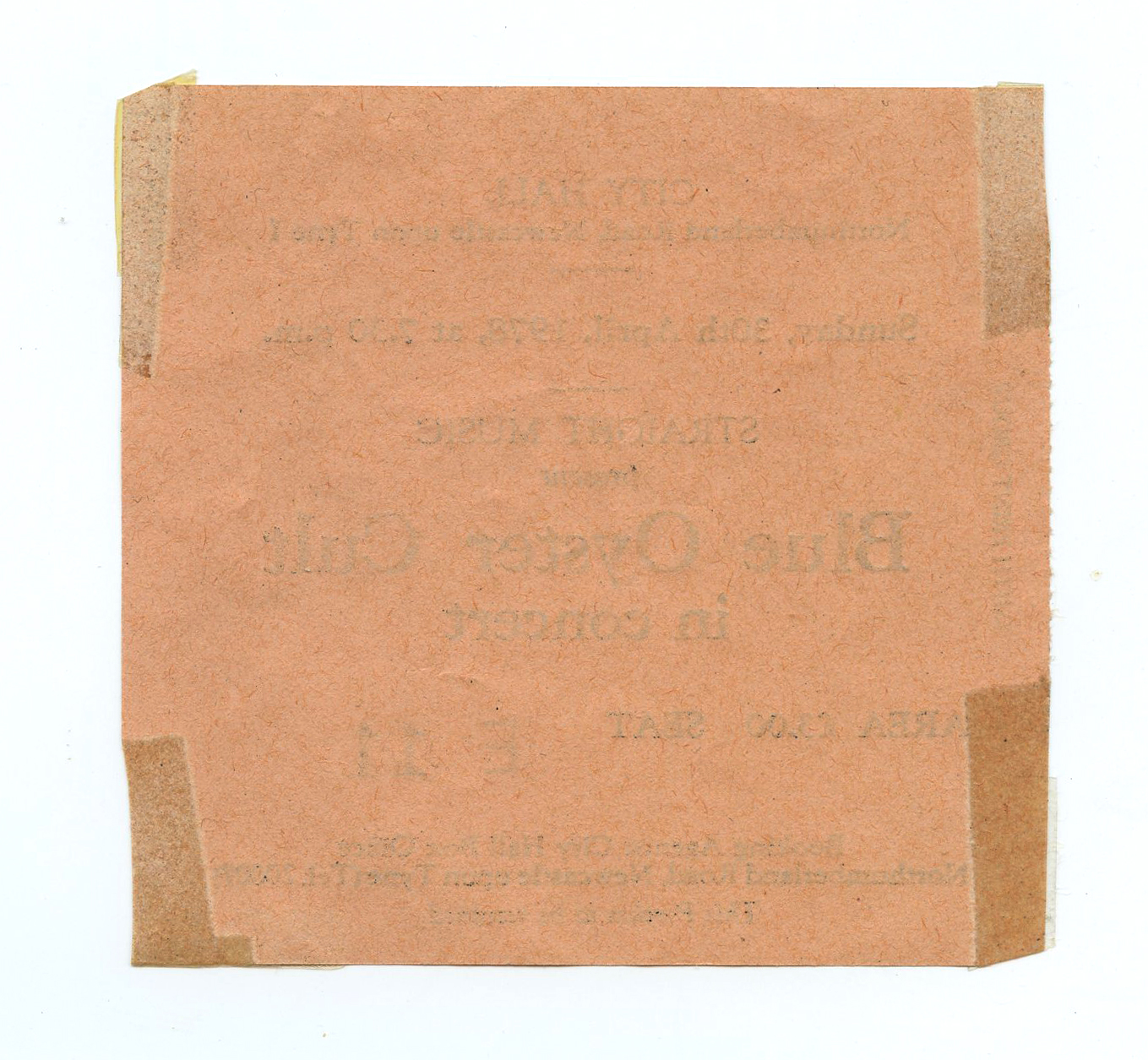 Blue Oyster Cult Ticket Stub 1978 Apr 30 City Hall Newcastle UK 