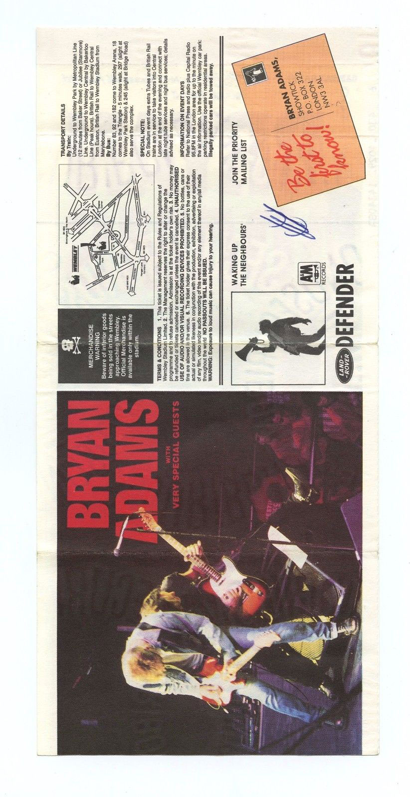 Bryan Adams Vintage Ticket 1992 Jul 18 Wembley Stadium London UK  