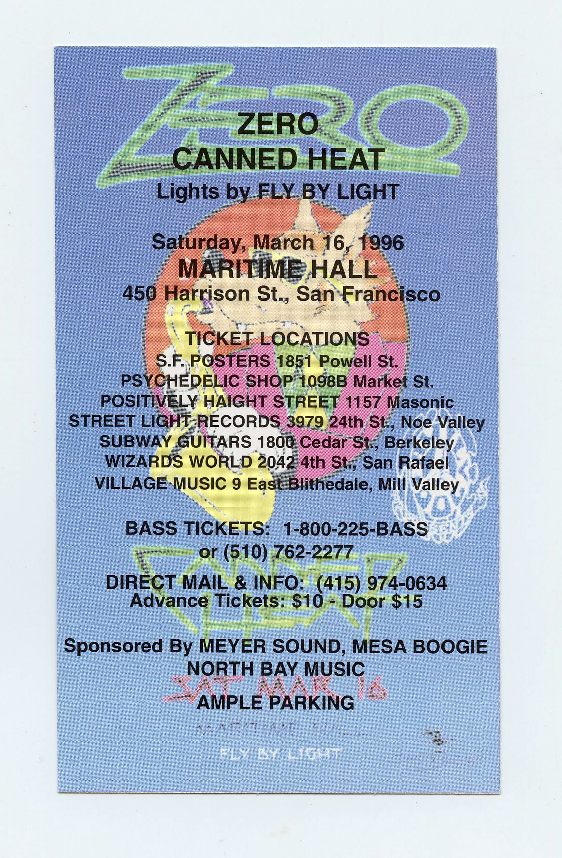 Maritime Hall 1996 Mar 16 Stanley Mouse Handbill Zero Canned Heat