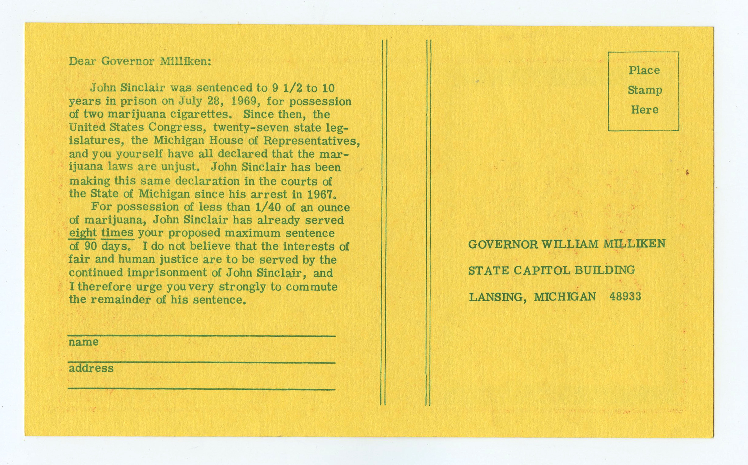 Free John Sinclair Postcard addressed to Governor of Michigan 1971