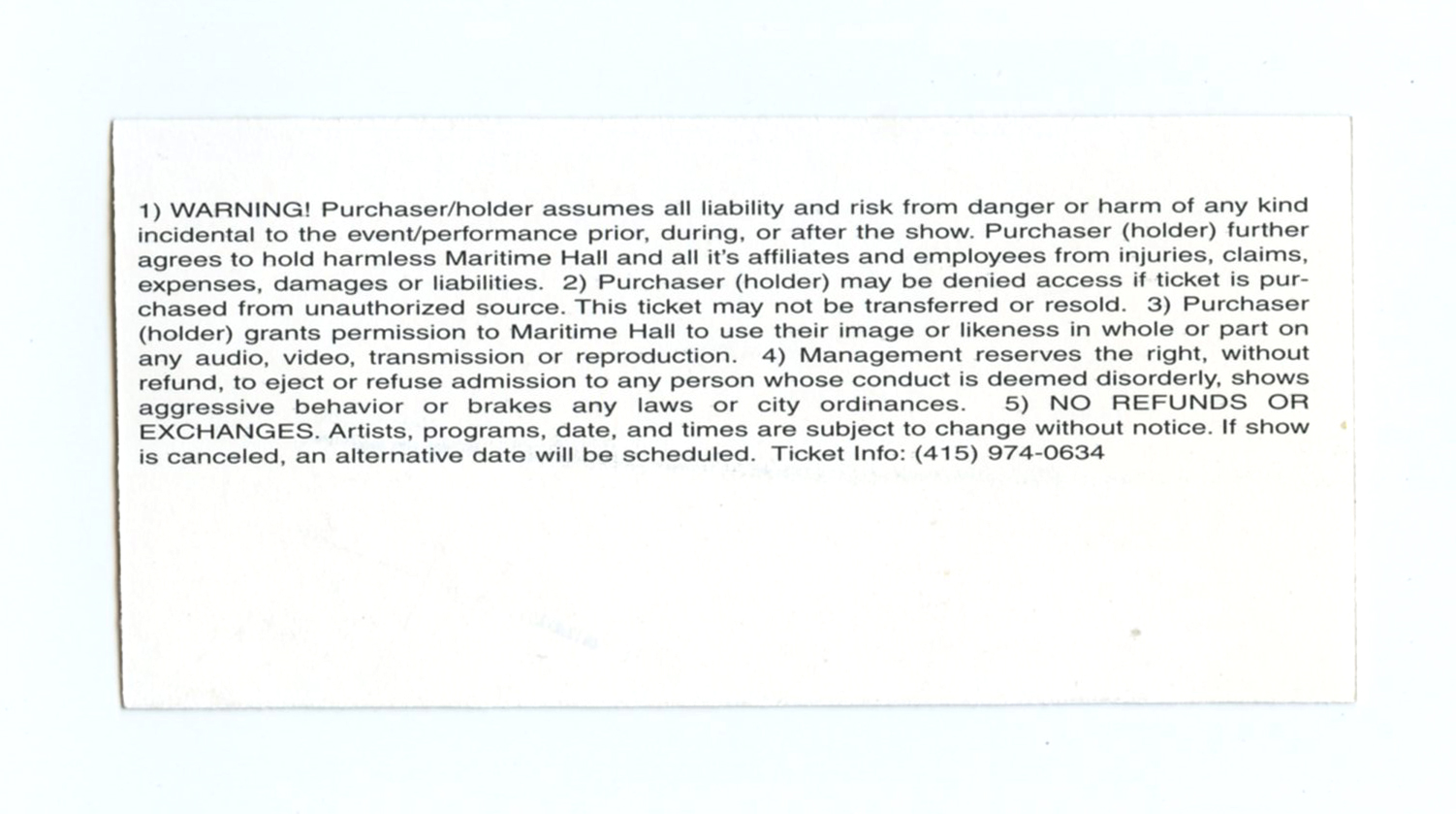 Maritime Hall 1998 Apr Ticket Crash Worship Robert Hunter Dub