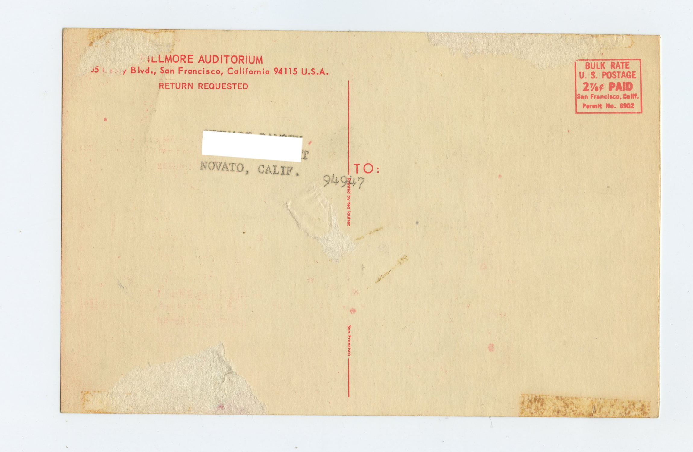 BG  92 Postcard Mailed Pink Floyd Procul Harum 1967 Nov 9