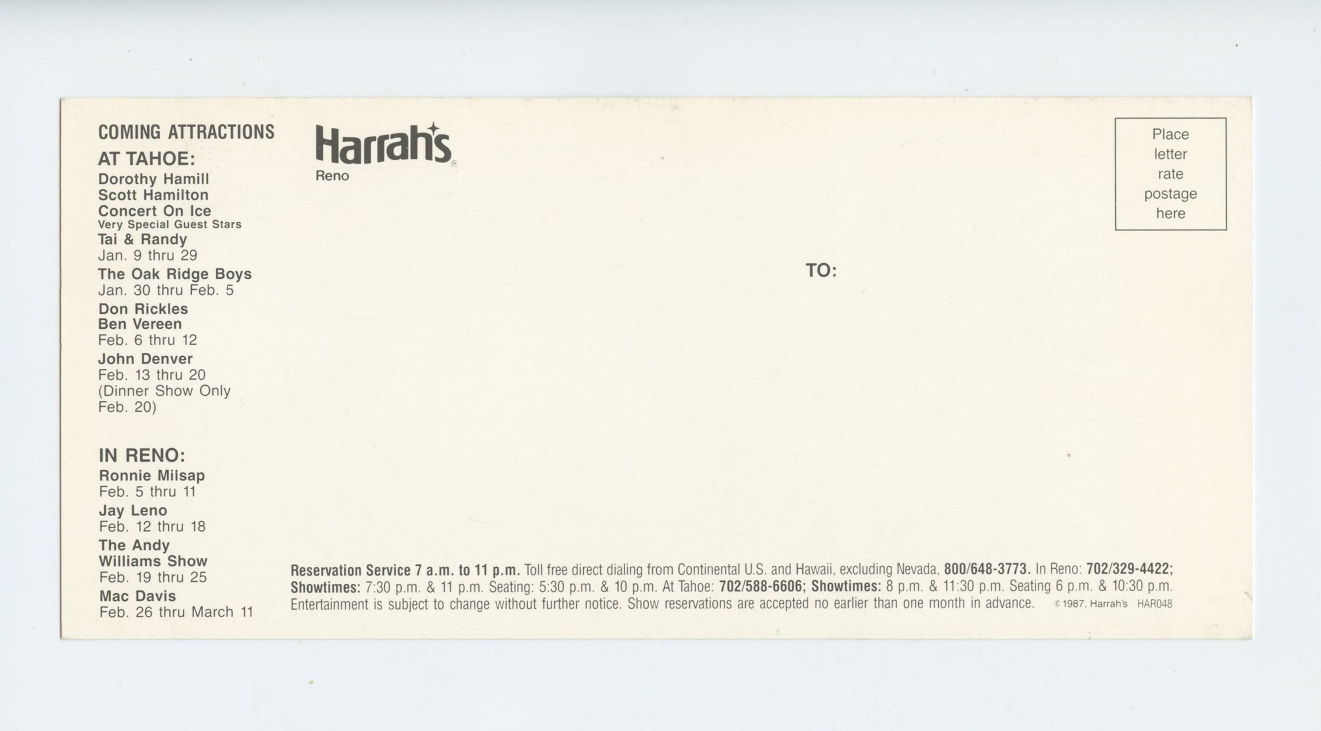 Rich Little Postcard 1987 Feb 4 Harrah's Reno Hotel Casino