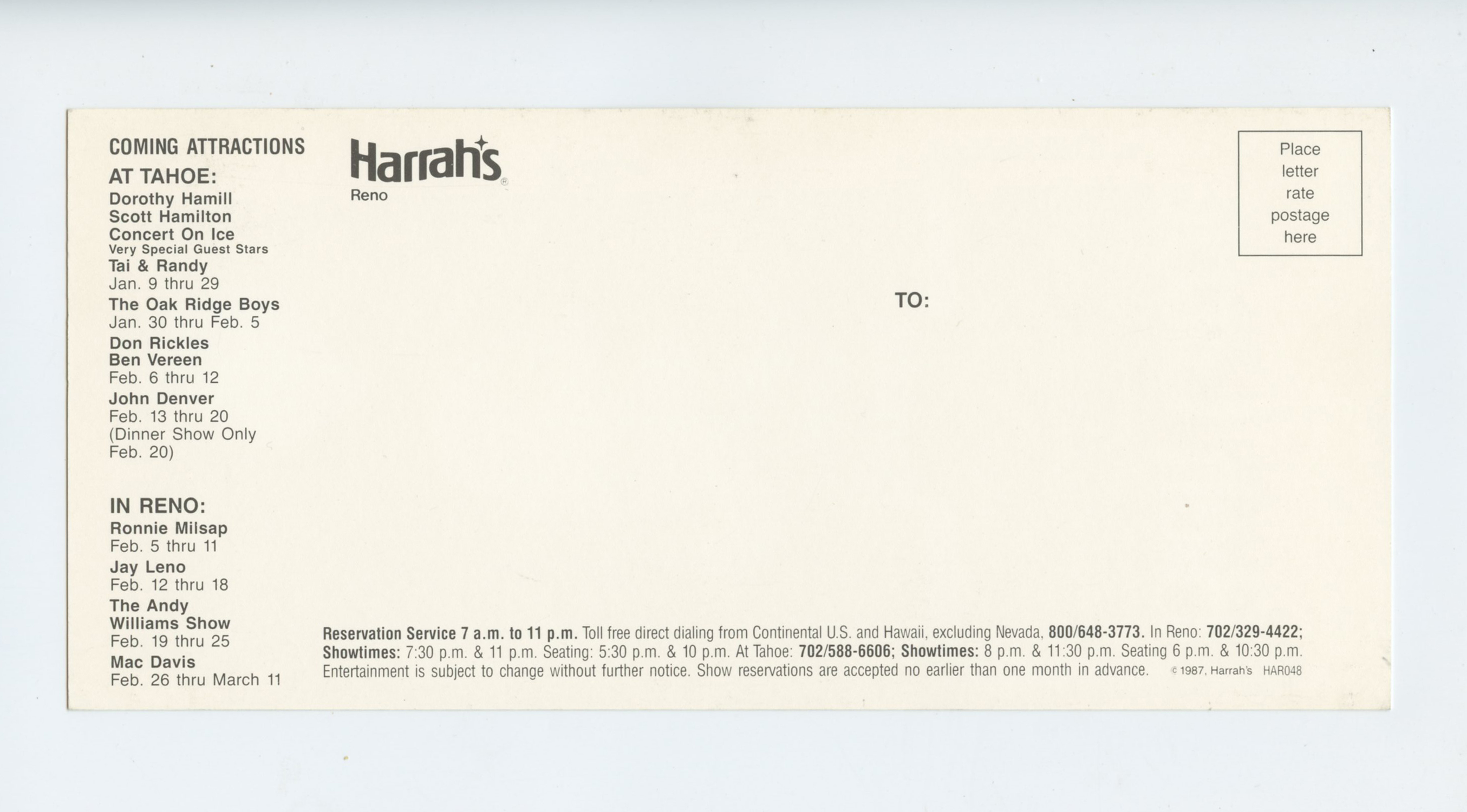 Rich Little Postcard 1987 Feb 4 Harrah's Reno Hotel Casino