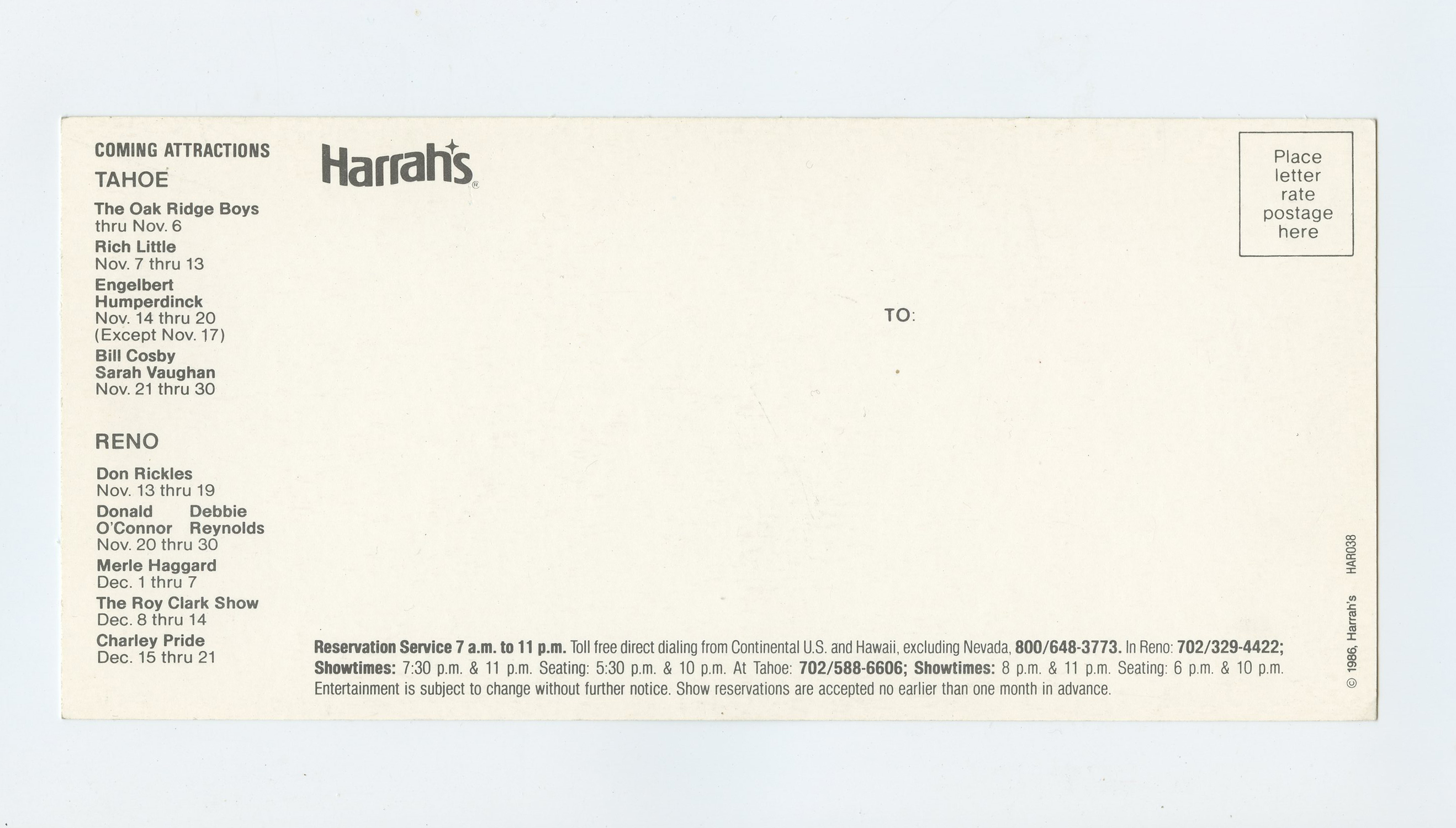 Mel Tillis Postcard 1986 Nov 12 Harrah's Reno