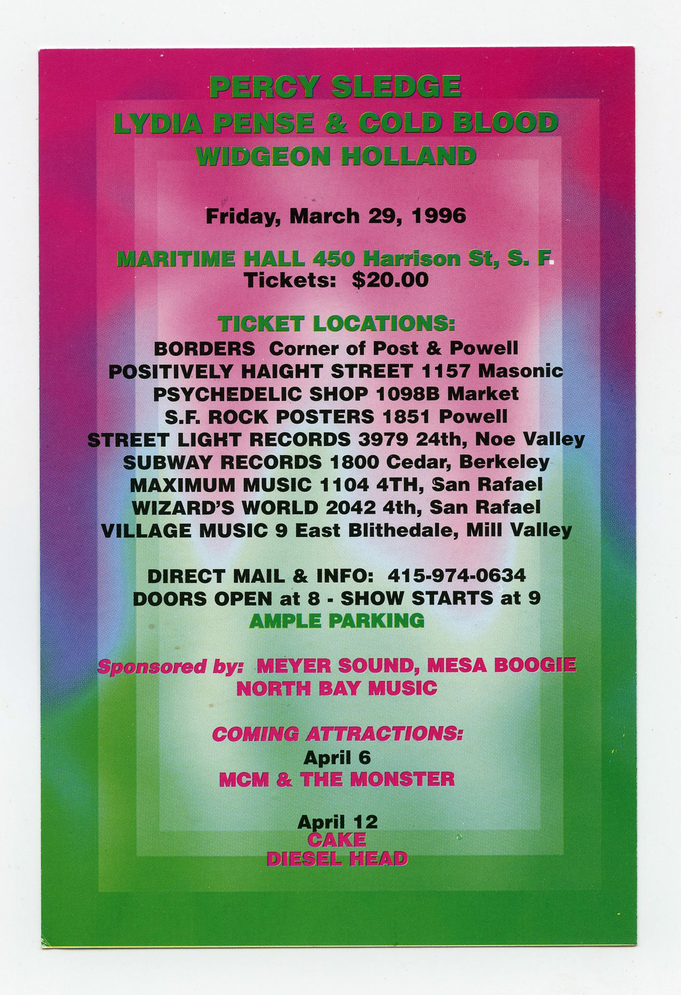 Maritime Hall 1996 Mar 30 Handbill Percy Sledge Cold Blood Victor Moscoso