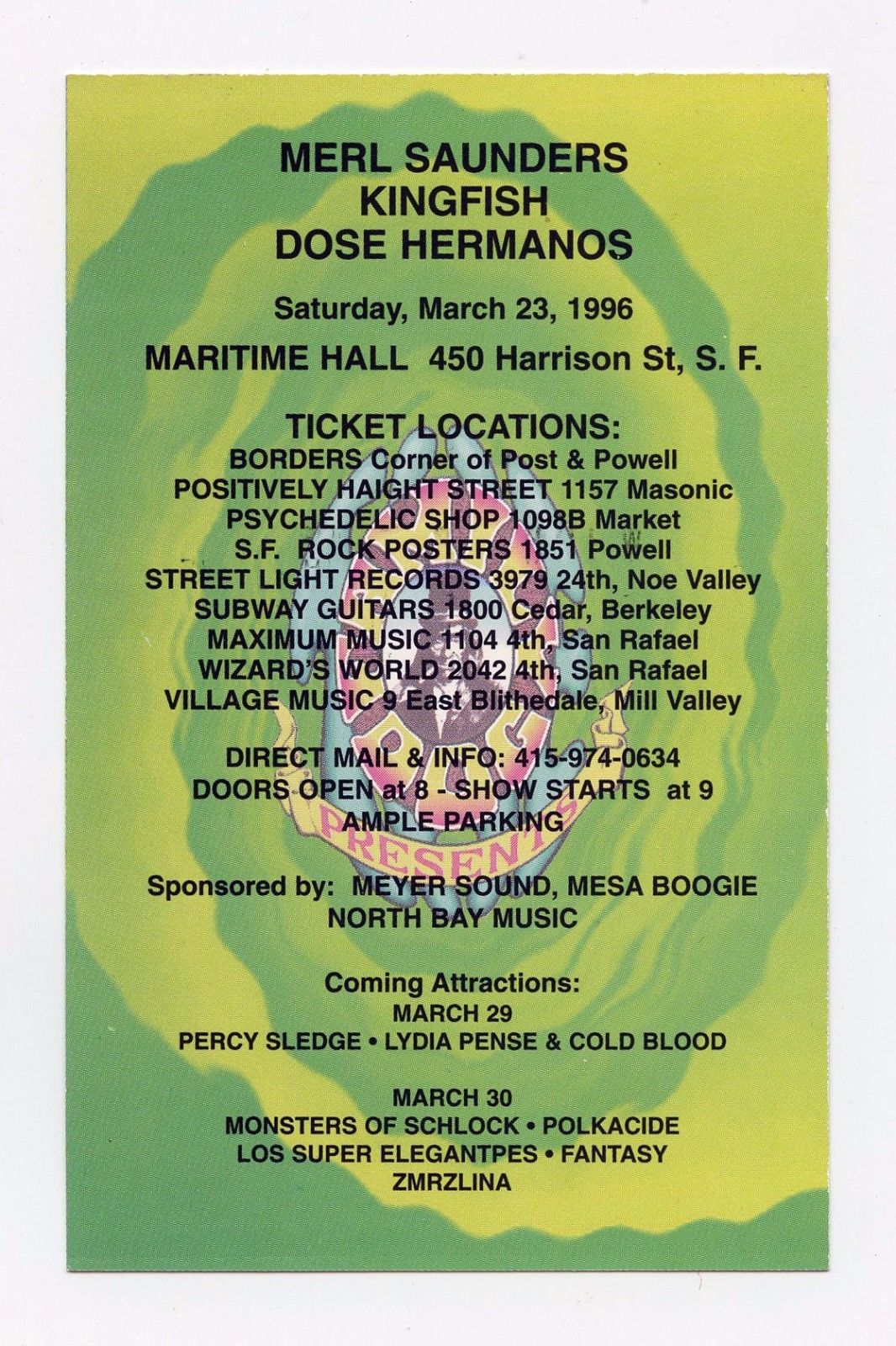 Maritime Hall 1996 Mar 23 Handbill Merl Saunders King Fish David Singer