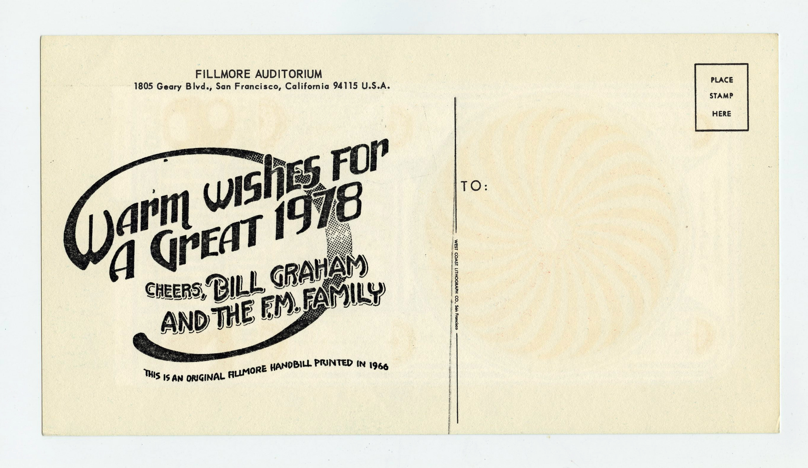 BG 30 Bill Graham Fillmore Postcard 1966 used for 1978 New Year Greeting Card