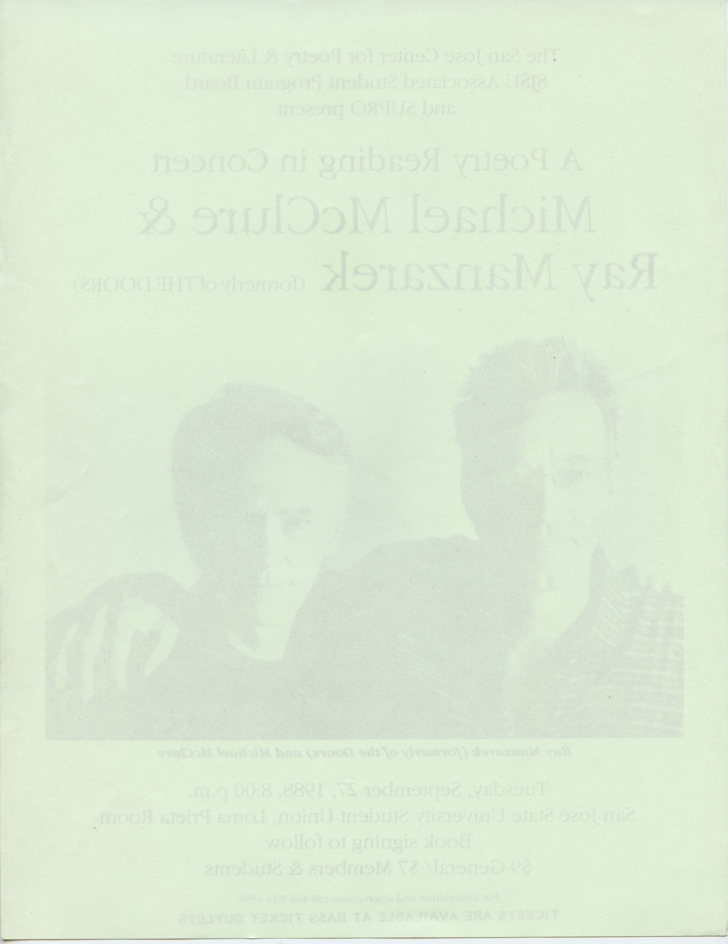 Ray Manzarek Michael McClure Handbill A Poetry Reading in Concert 1988 Sep 7