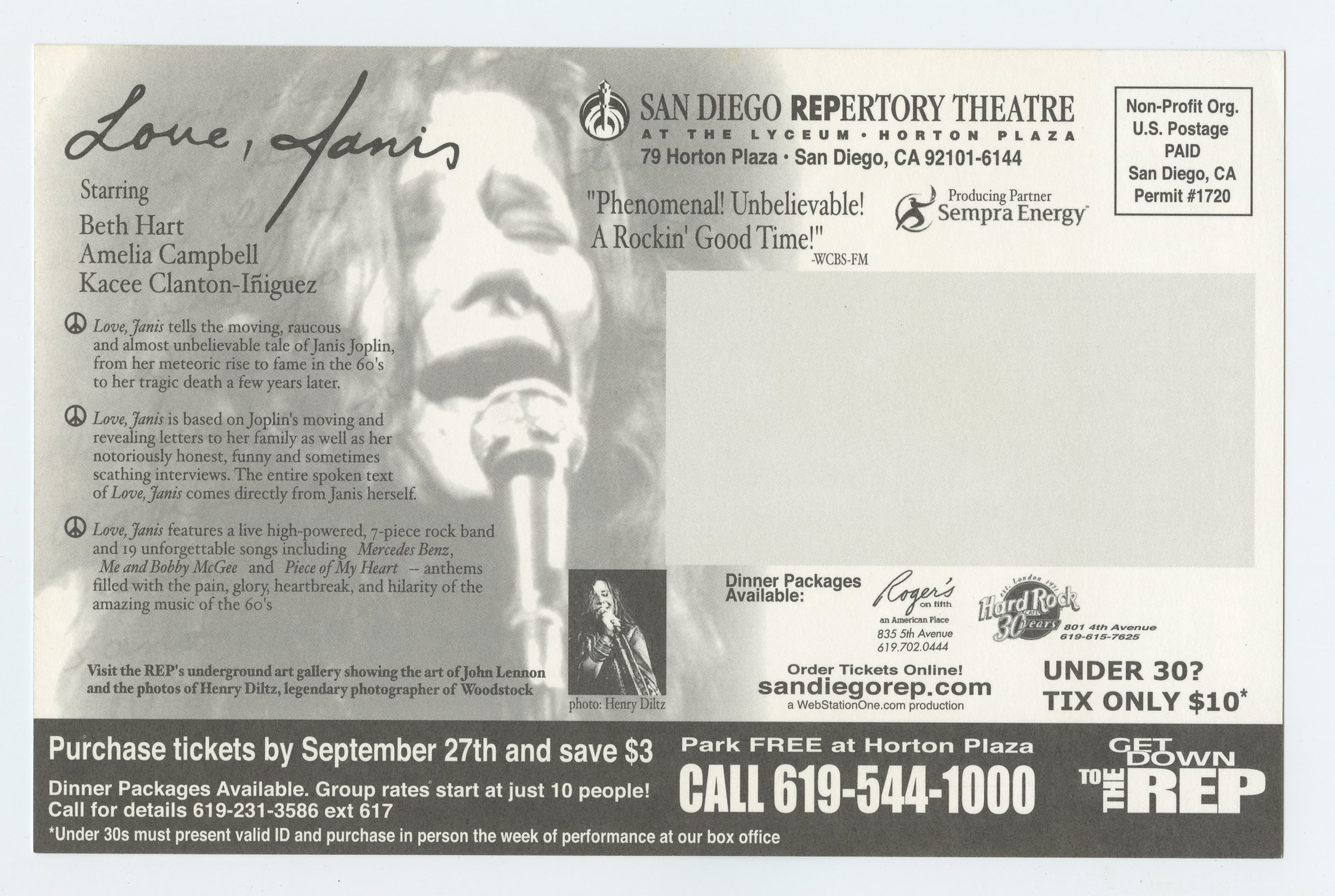 Love, Janis Musical Promotion Postcard 2001 Repetory Theatre San Diego