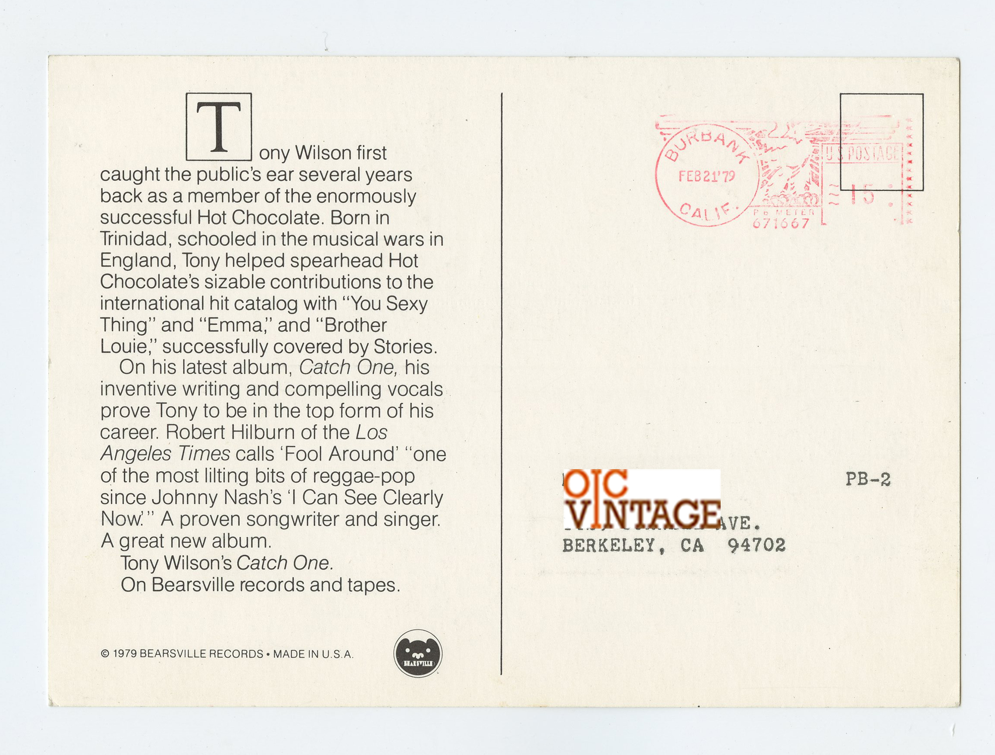 Tony Wilson Postcard 1979 Catch One New Album Promotion Mailed 