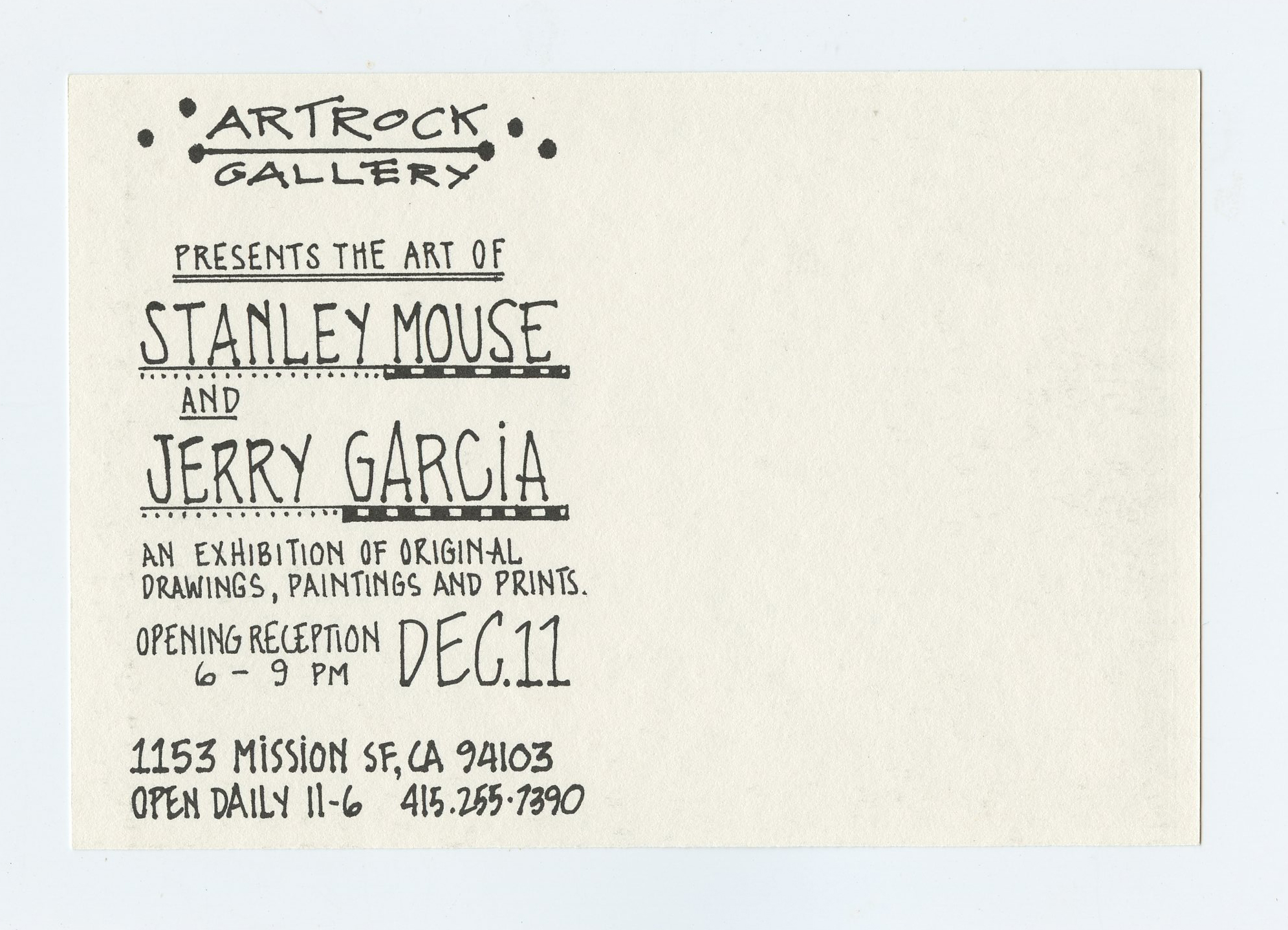 Jerry Garcia Stanley Mouse Exhibition Postcard Art Rock Gallery