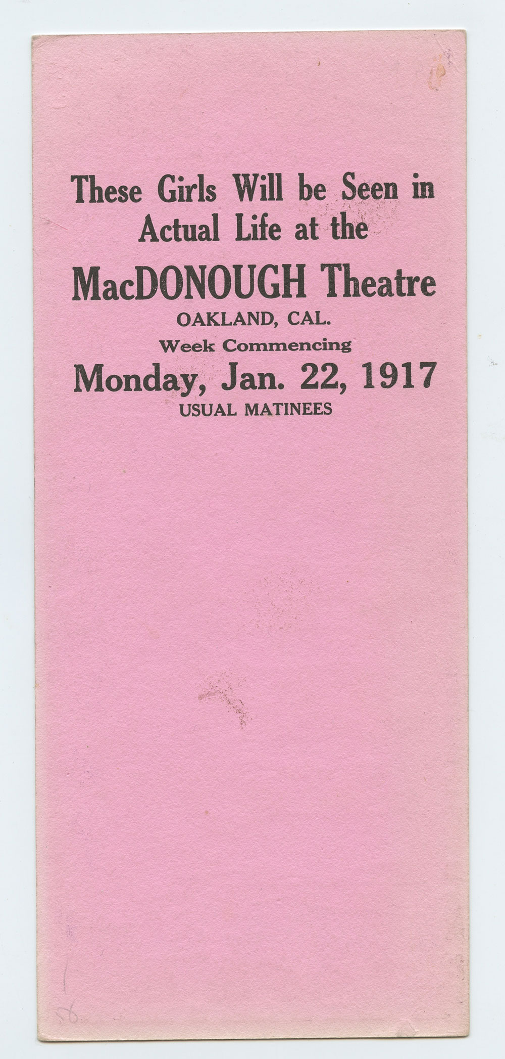 Experience Play Opening Promotion Handbill 1917 Jan 22 Oakland