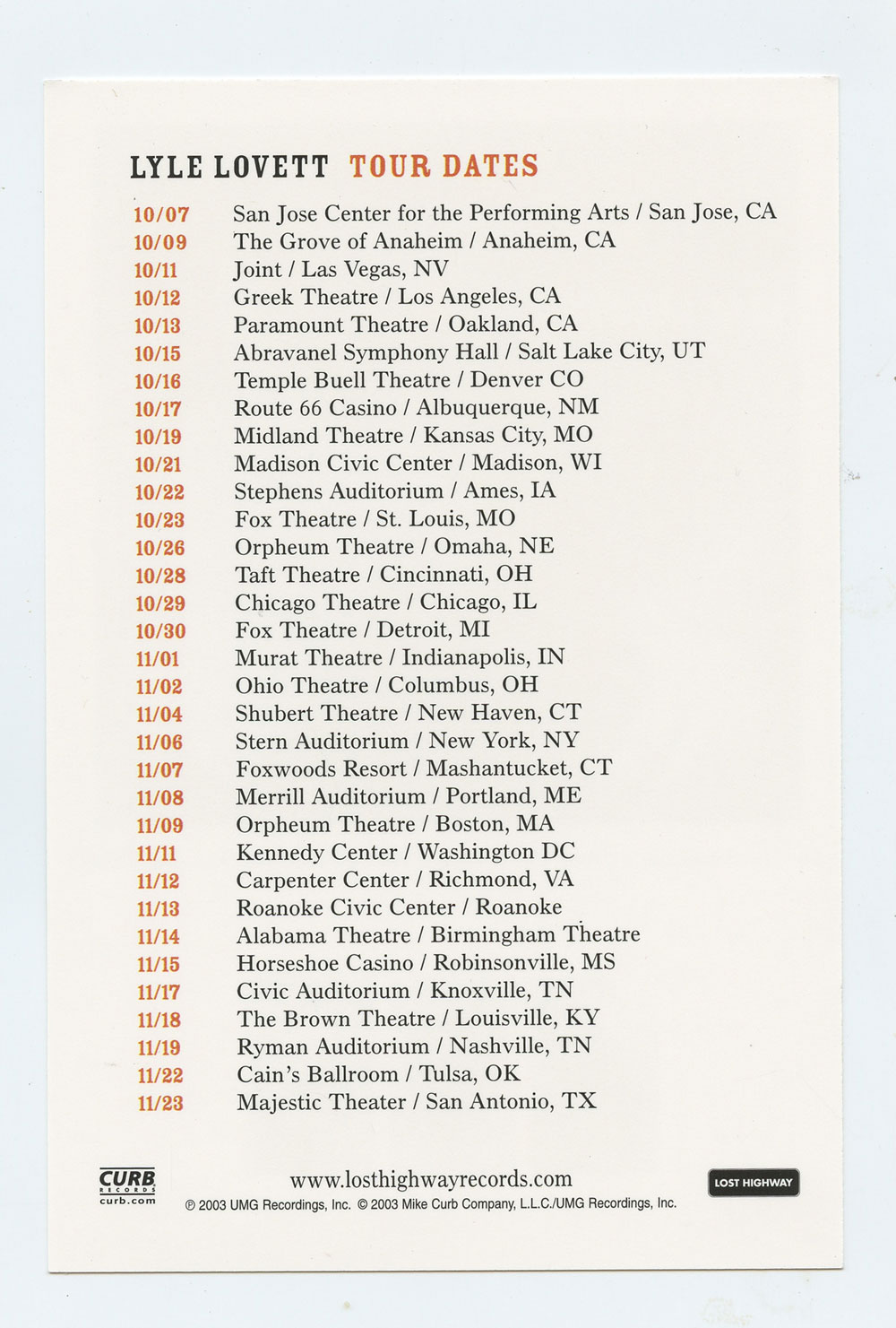 Lyle Lovett Handbill My Baby Don't Tolerate 2003 Tour Promo