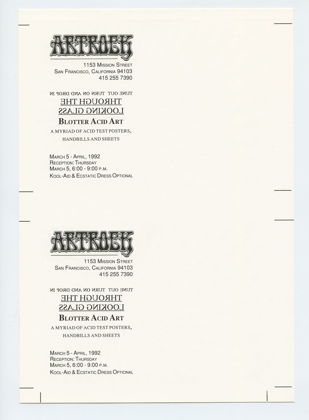 Uncut Proof Blotter Acid Art Exhibit Reception Postcard 1992