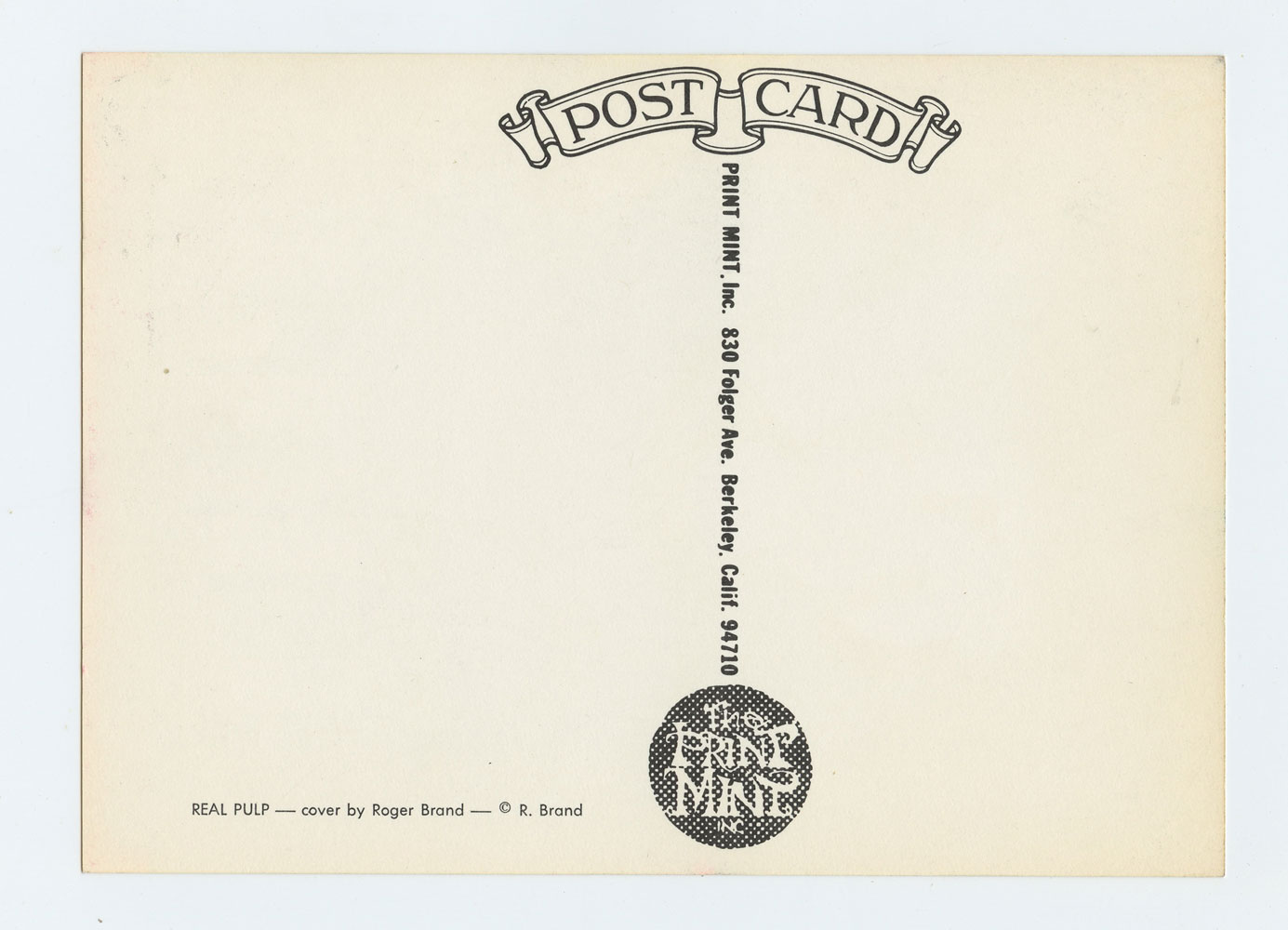 Roger Brand Postcard Real Pulp Comix No. 1 edition Promo 1973 