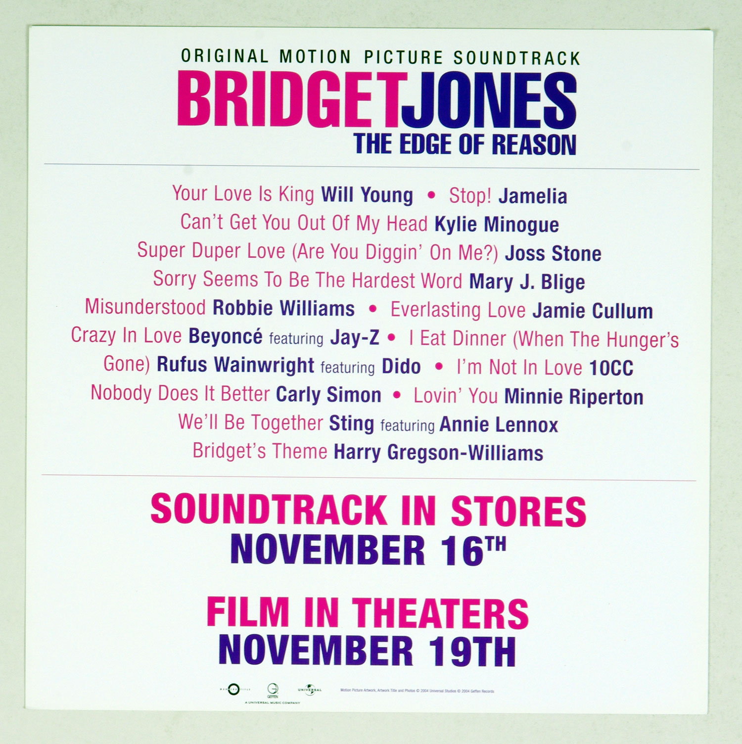 Bridget Jones The Edge of Reason Poster Flat 2004 Original Movie Soundtrack Album Promo 12 x 12 
