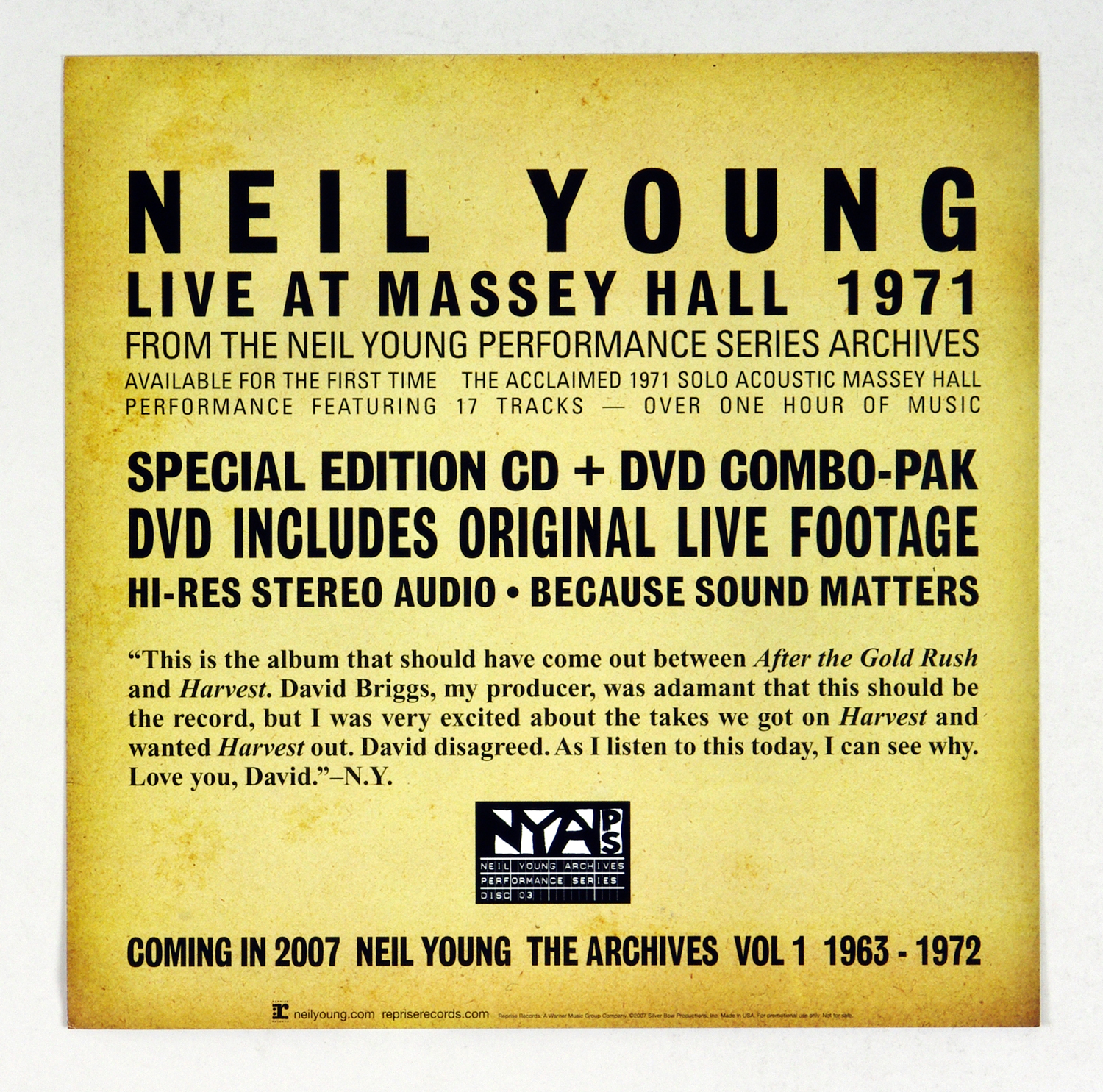 Neil Young Poster Flat Live at Massey Hall 1971 Album Promotion 12 x 12