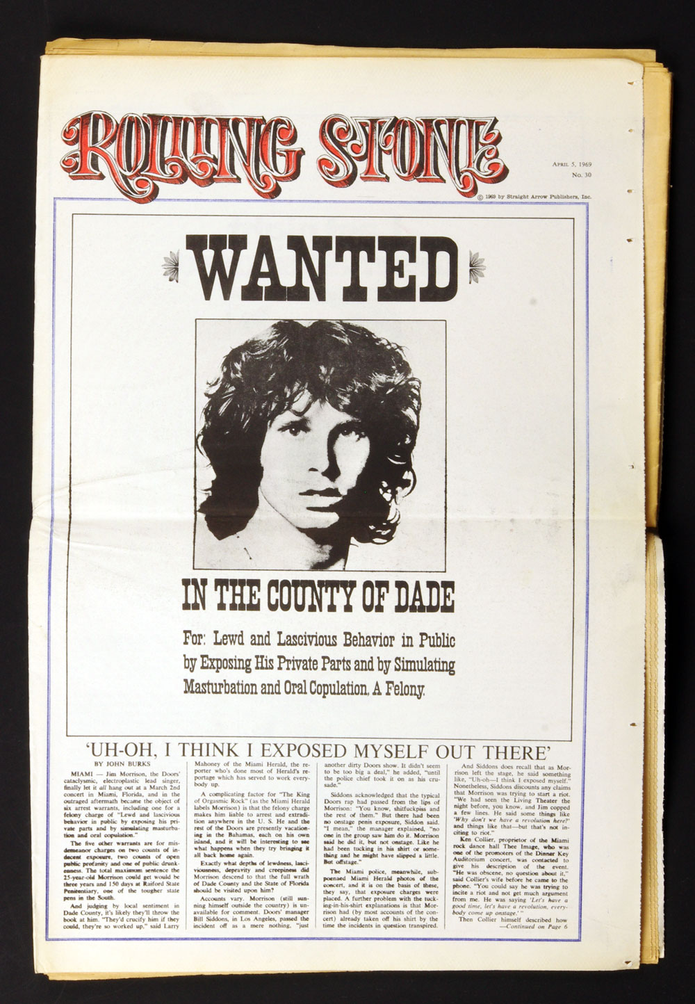 Rolling Stone Magazine Back Issue 1969 Apr 5 No. 30 Wanted Jim Morrison In the County of Dade