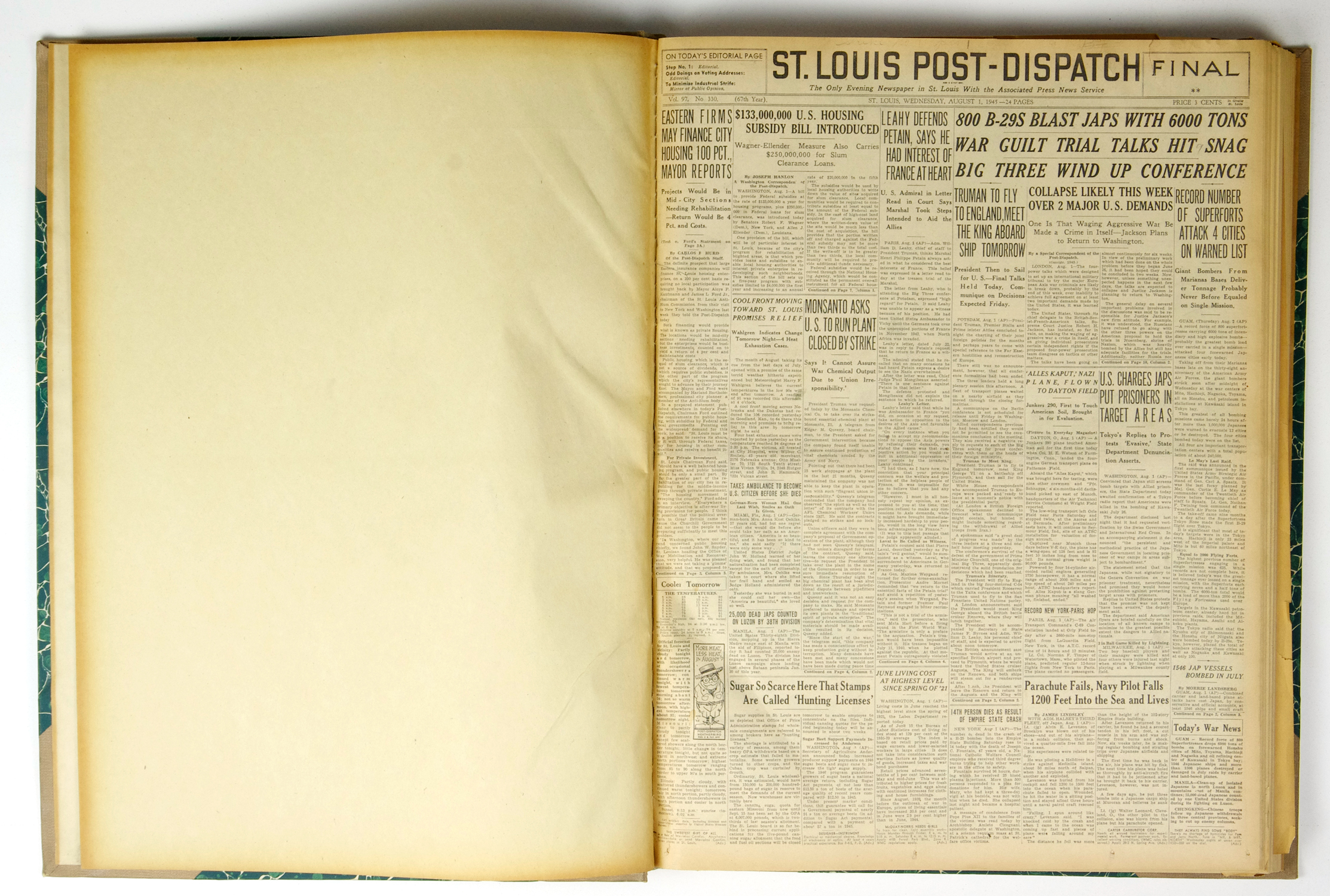 St. Louis Post Dispatch Historical News Paper 1945 August The End of WW II Bound Book