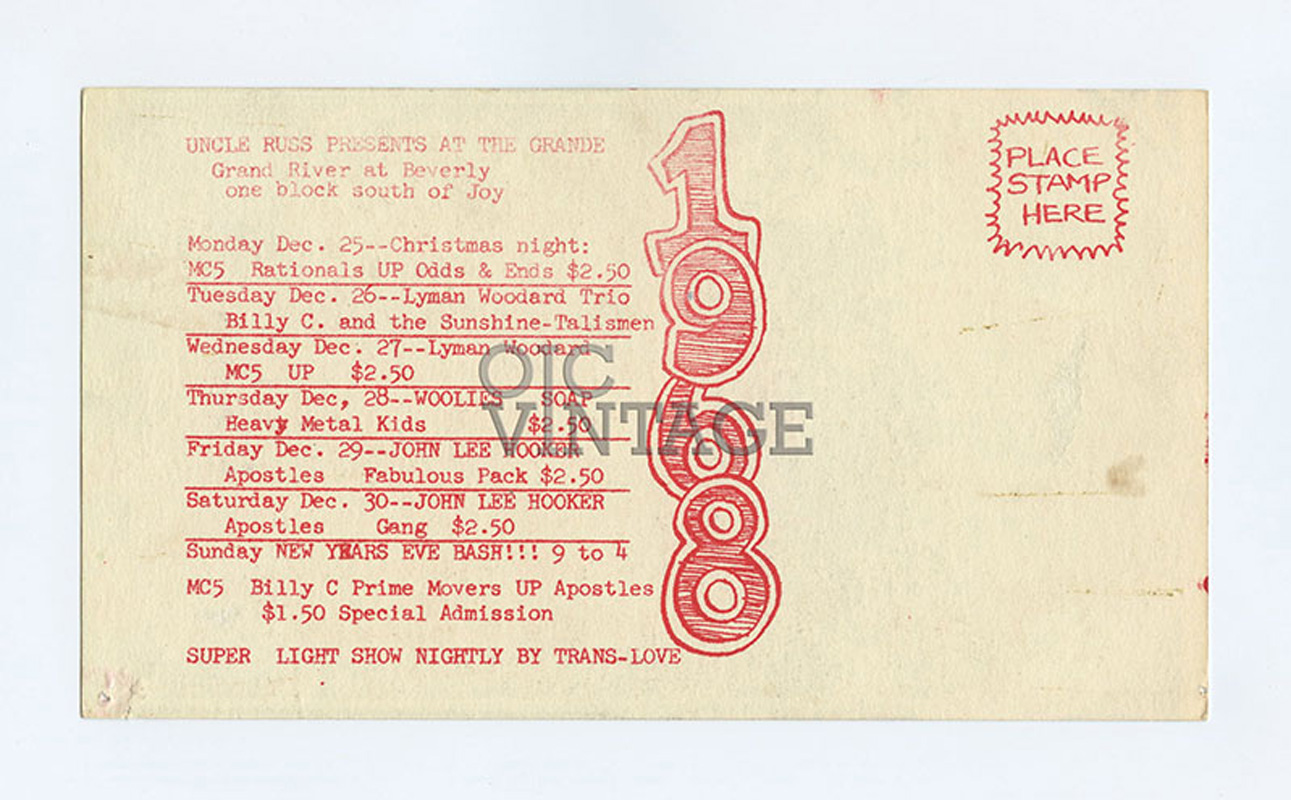 Grande Ballroom Postcard 1967 Dec 26 MC5 John Lee Hooker  