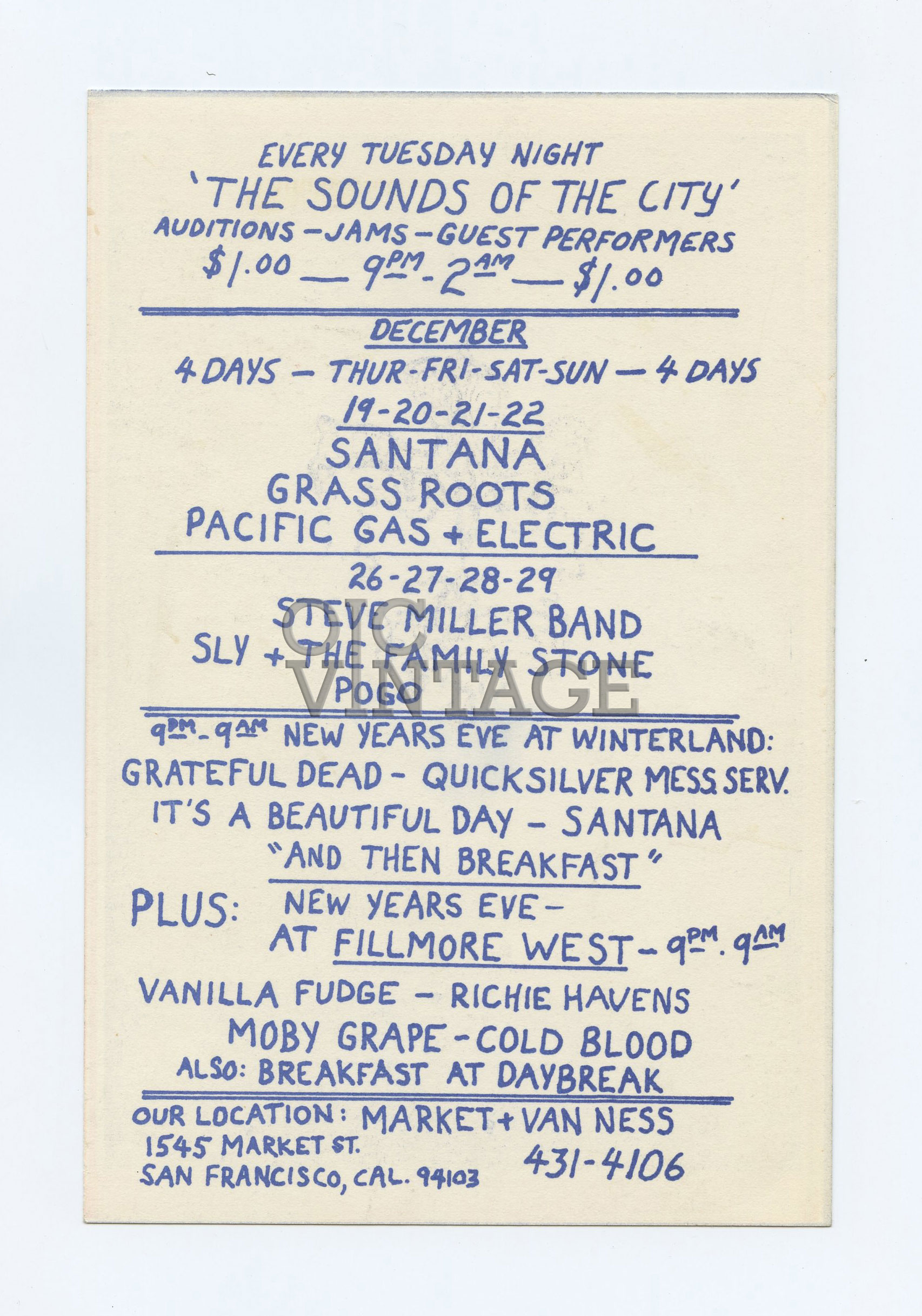 BG 150 Postcard Ad Back Santana Grass Root 1968 Dec 19