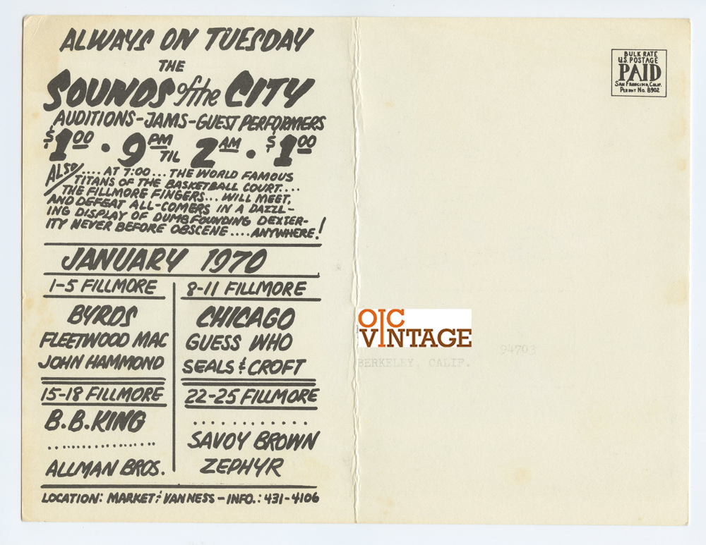 BG 209 Postcard Mailed Jefferson Airplane Santana 1969 Dec 31