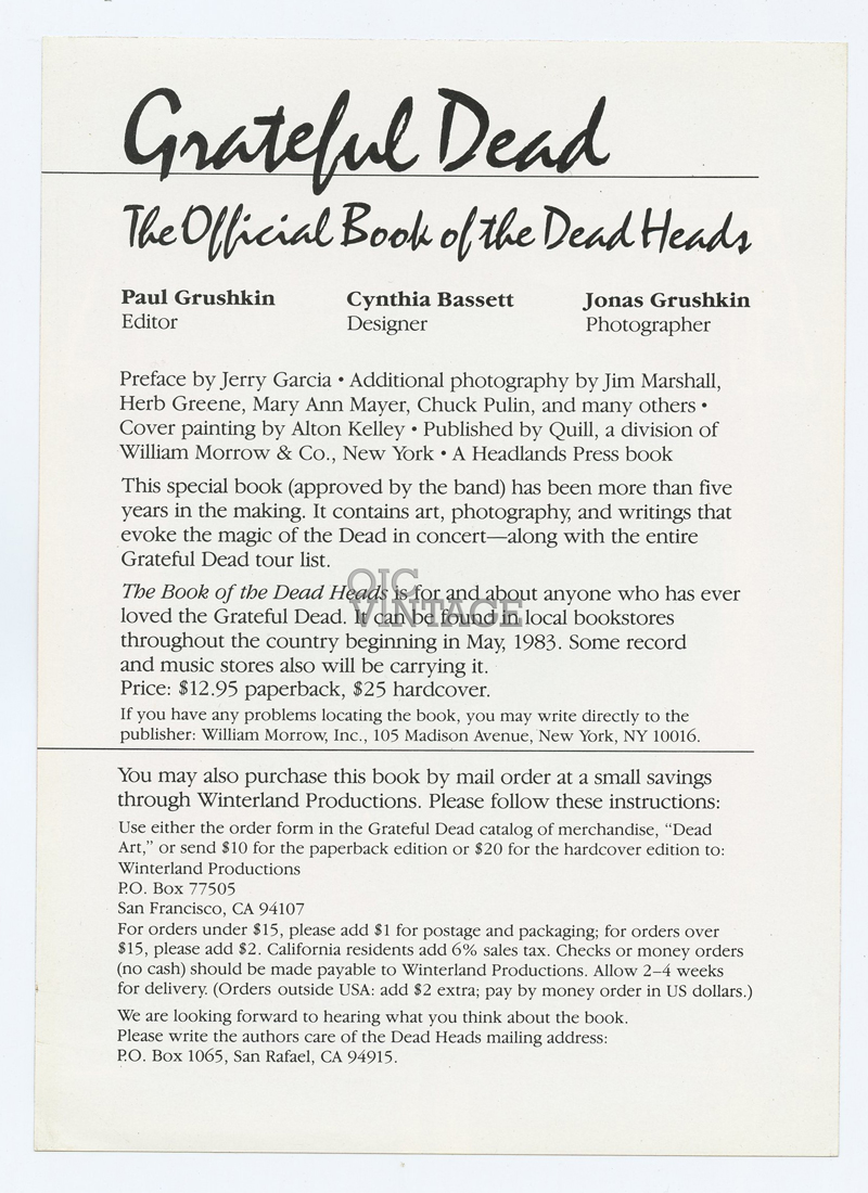 Grateful Dead Handbill The Official Book of the Deadheads Promotion 1983 Alton Kelley