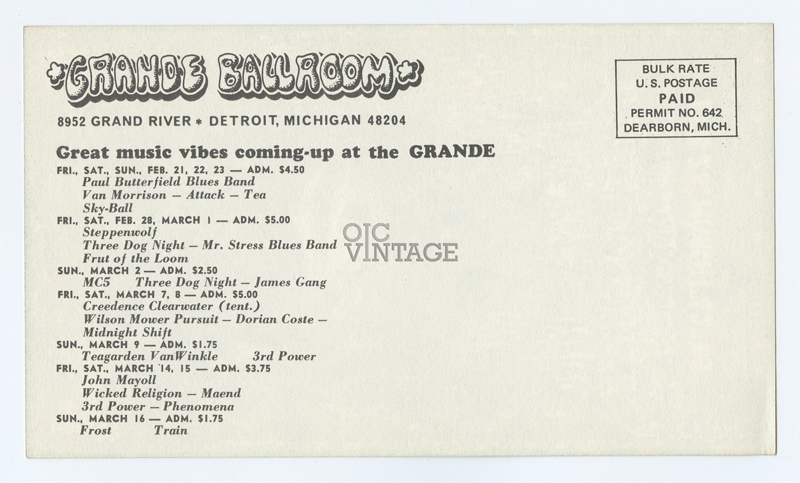Grande Ballroom Postcard 1969 Feb 28 Steppenwolf Three Dog Night MC5