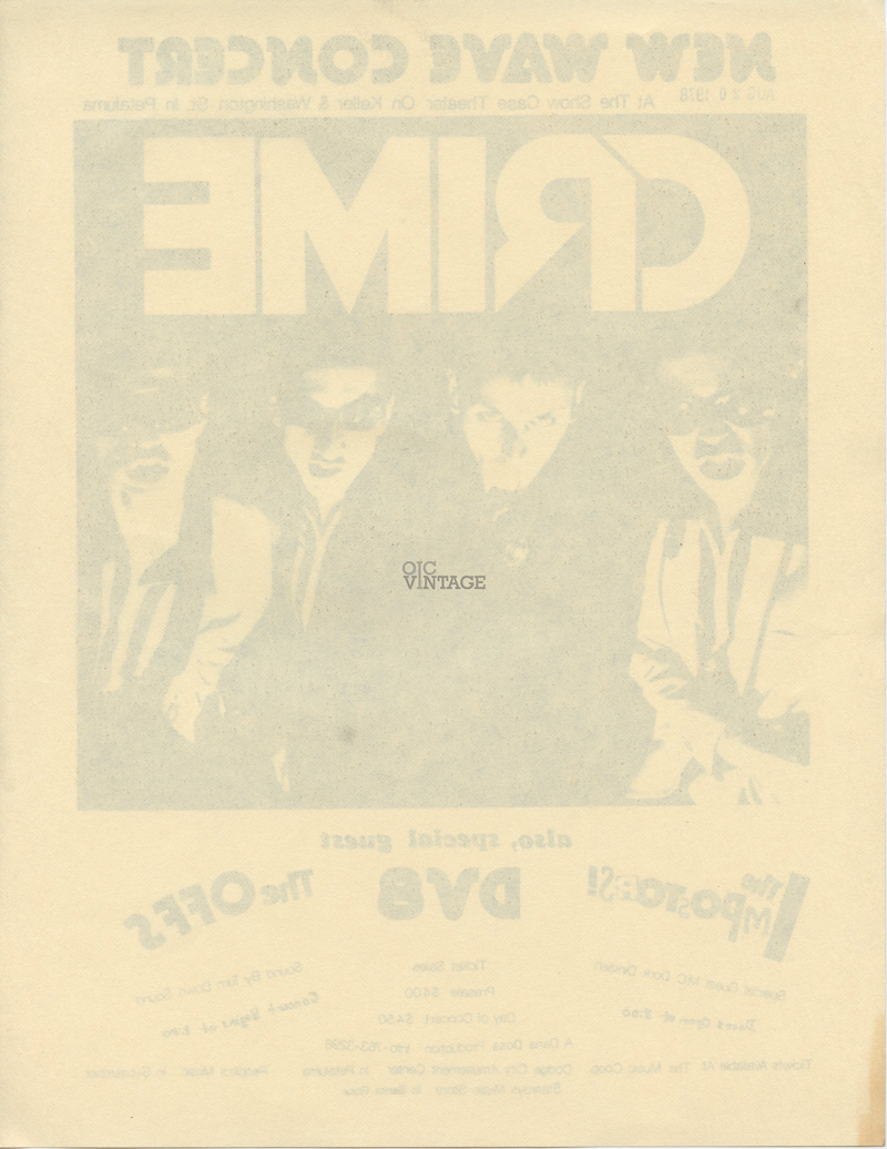 Crime Early American Punk Band  Handbill 1978 Show Case Theater Petaluma