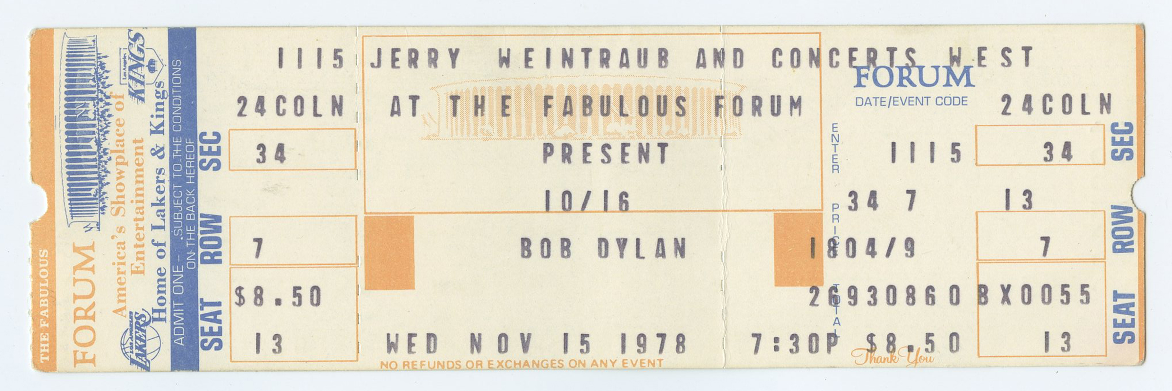 Bob Dylan Vintage Ticket  1978 Nov 15 Fabulous Forum 