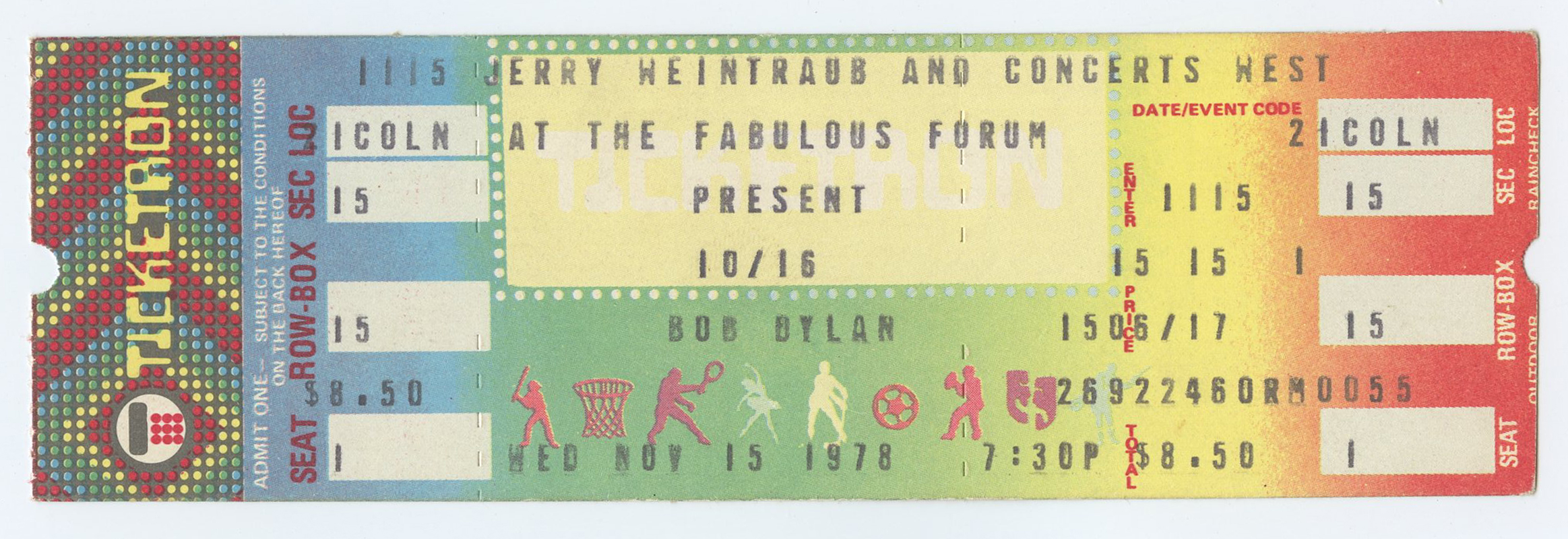 Bob Dylan Vintage Ticket 1978 Nov 15 Fabulous Forum  