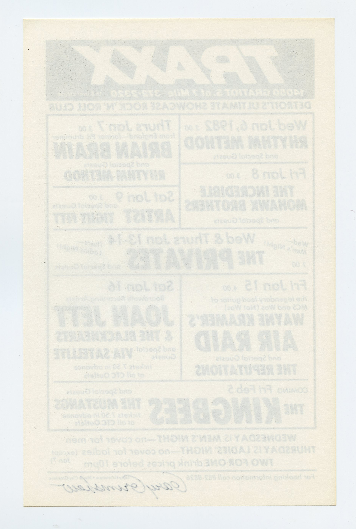 TRAXX Handbill 1982 Jan  Joan Jett Rhythm Method Gary Grimshaw signed