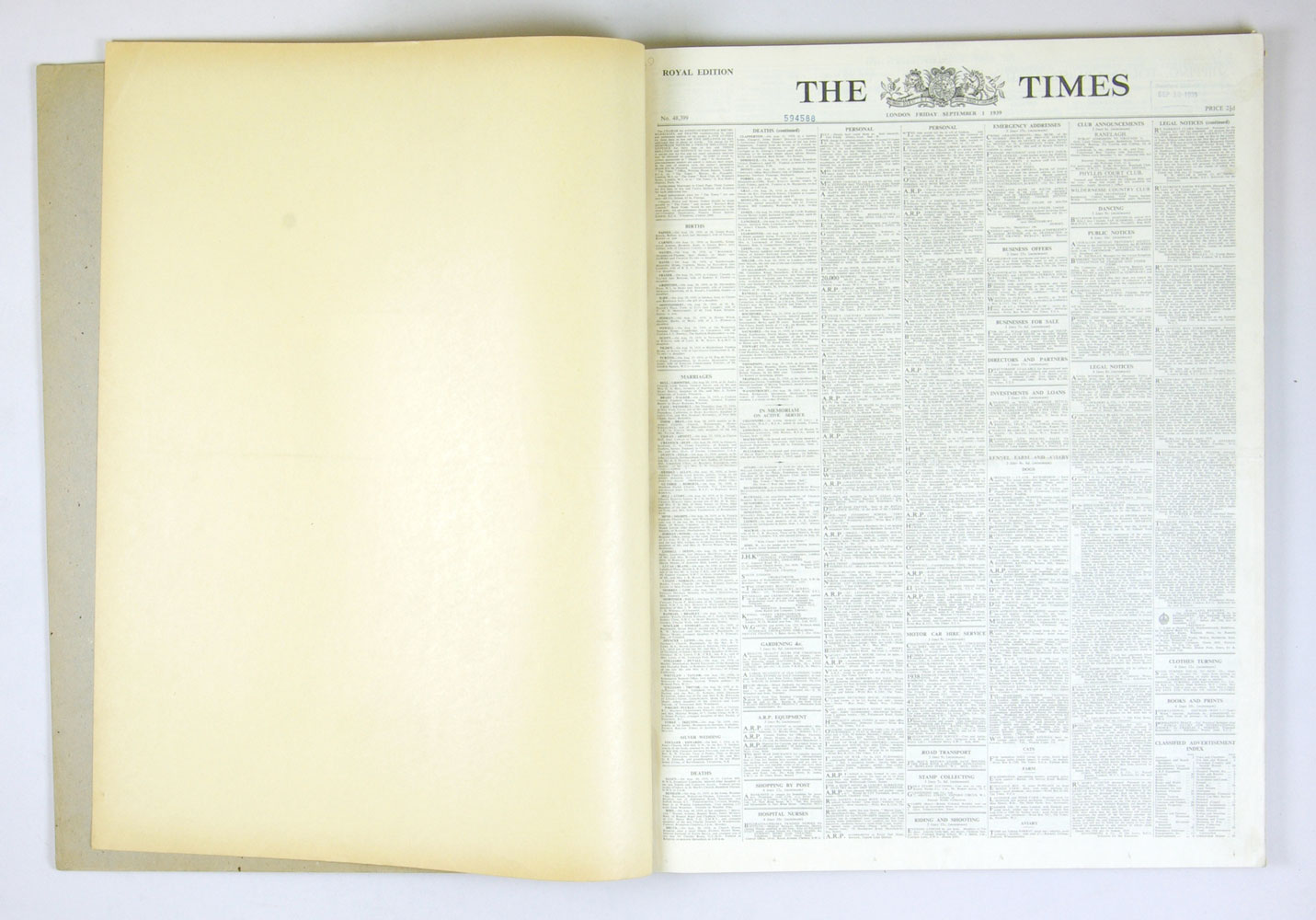LONDON Times Historical News Paper 1939 September The Beginning of WW II Bound Book Set of 2