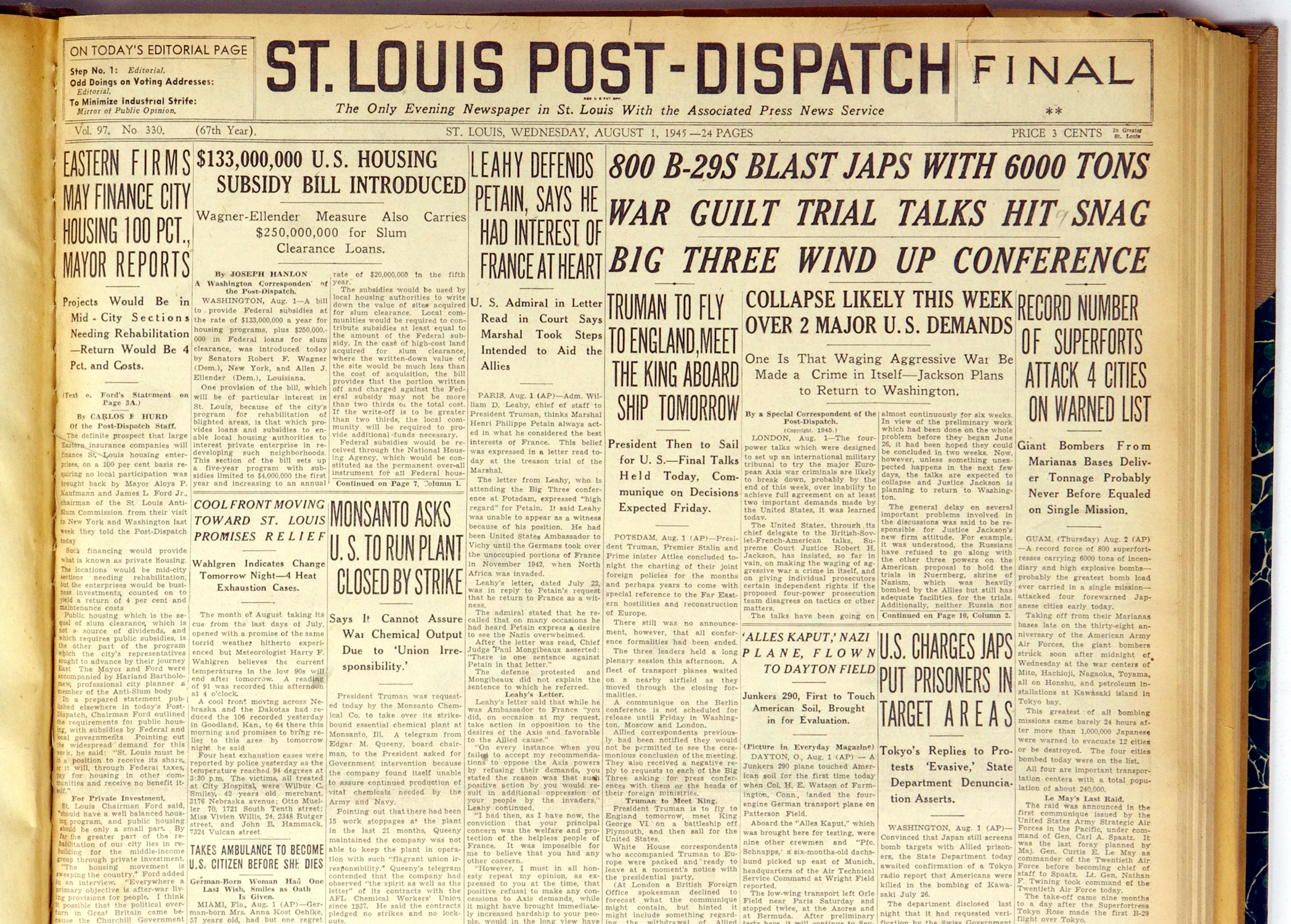 St. Louis Post Dispatch Historical News Paper 1945 August The End of WW II Bound Book