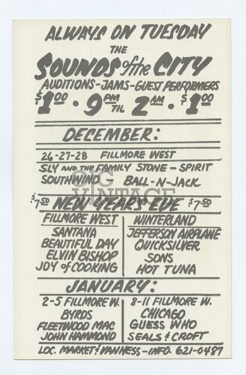 BG 208 Postcard Ad Back Sly & the Family Stone 1969 Dec 26 David Singer Signed