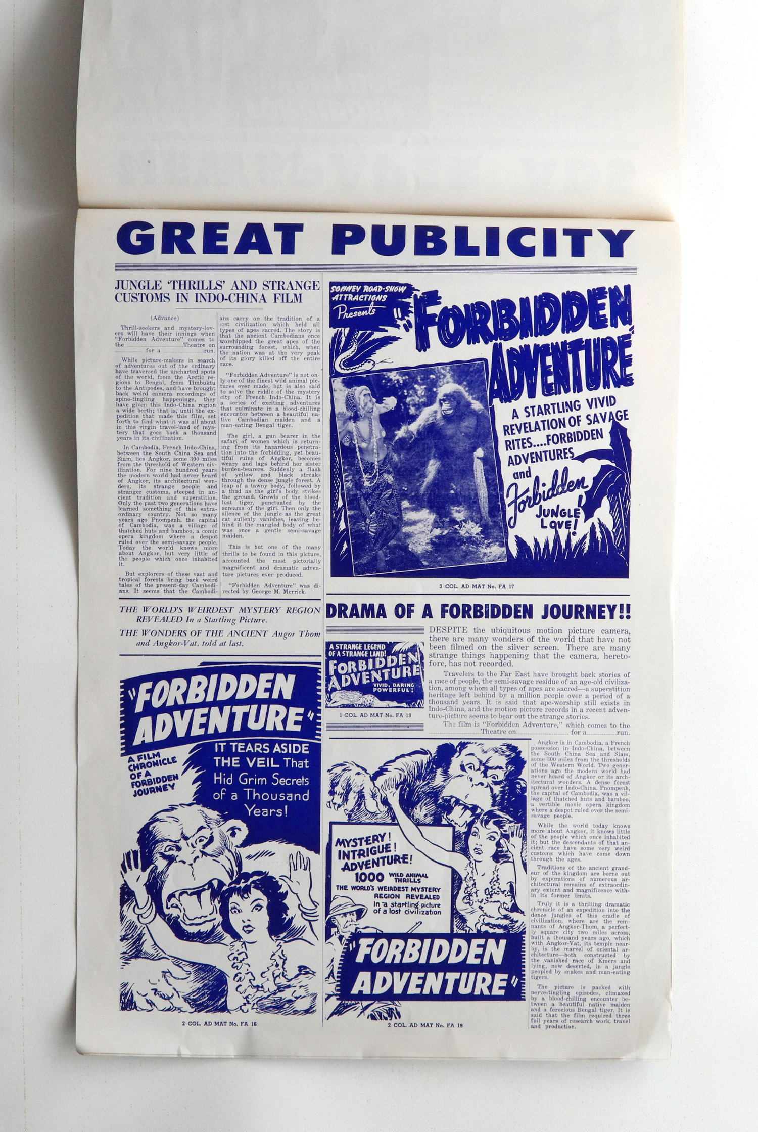 Forbidden Adventure Book Poster Movie Original Vintage aka Gorilla Woman Angkor 1935