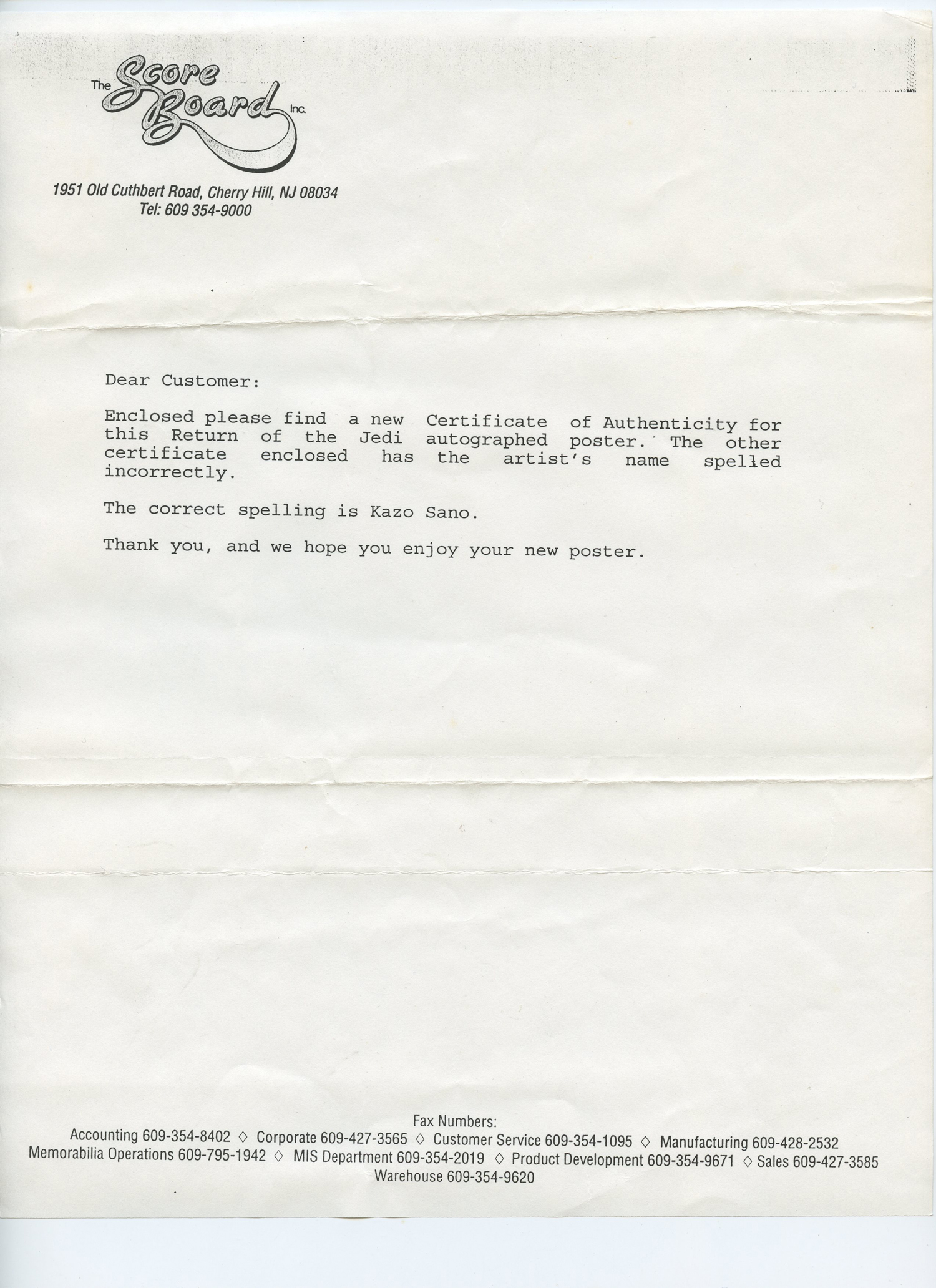 Star Wars Poster Return Of The Jedi 1994 Kazu Sano Certificate of Authentication