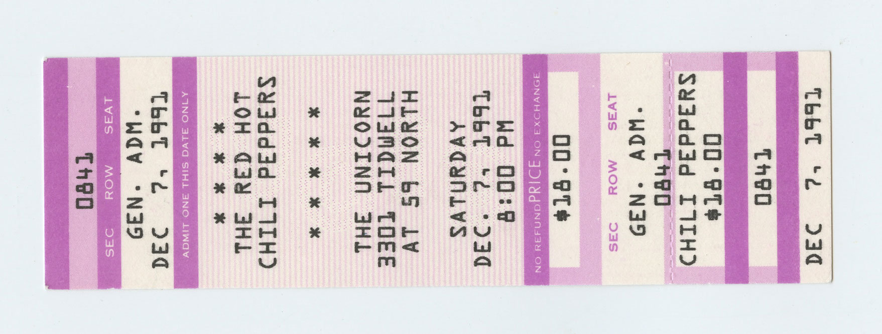Red Hot Chili Peppers  Vintage Ticket 1991 Dec 7 The Unicorn Houston 