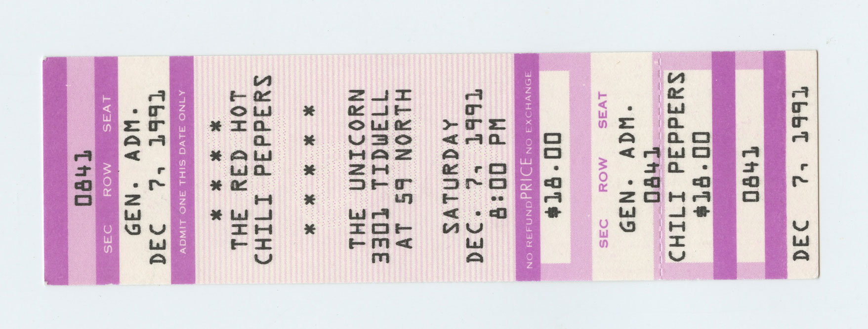 Red Hot Chili Peppers  Ticket Vintage 1991 Dec 7 The Unicorn Houston 