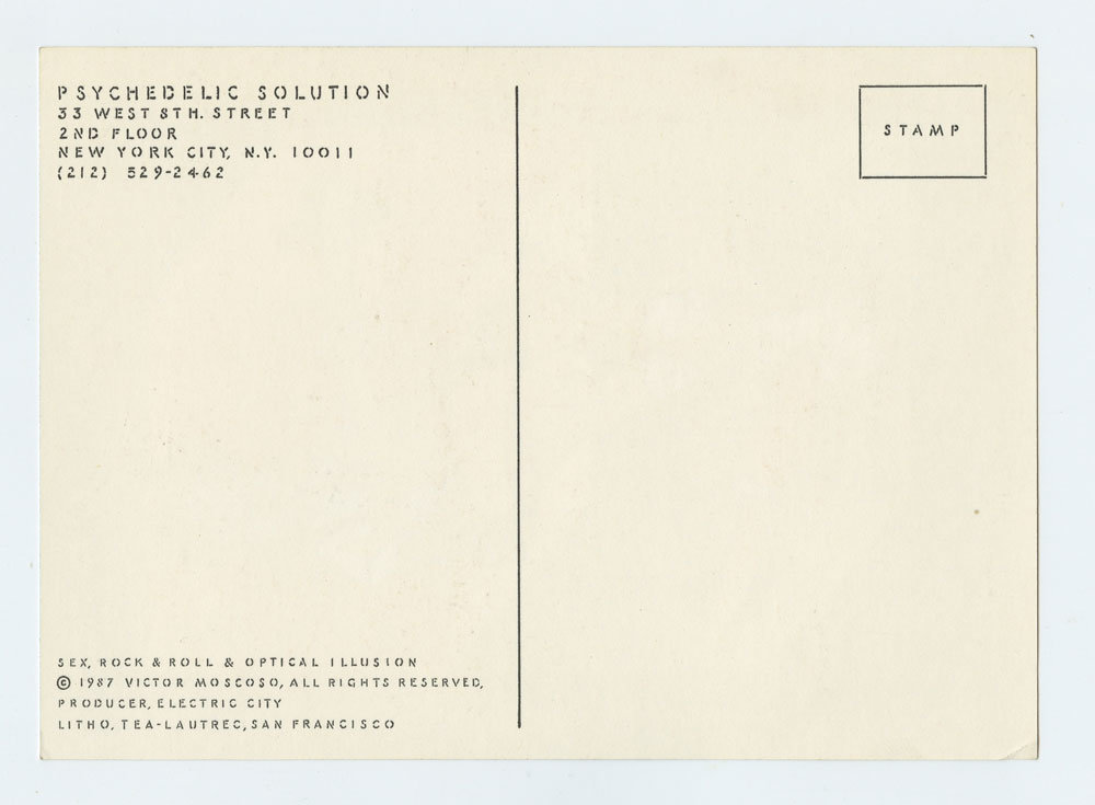 Victor Moscoso Postcard 1987 Sex, Rock and Roll & Optical Illusion
