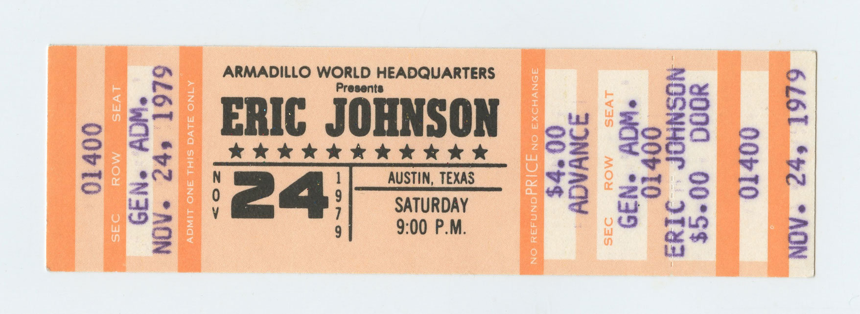 Eric Johnson Vintage Ticket 1979 March 24 Austin TX 